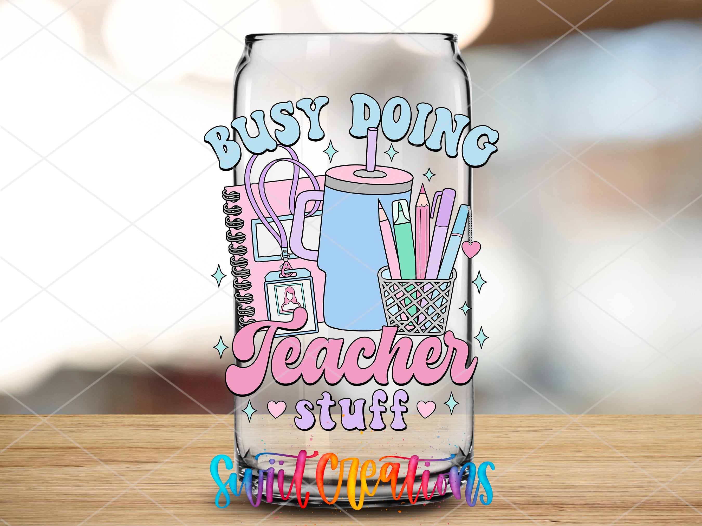 a clear glass with the words, busy pong teacher stuff on it