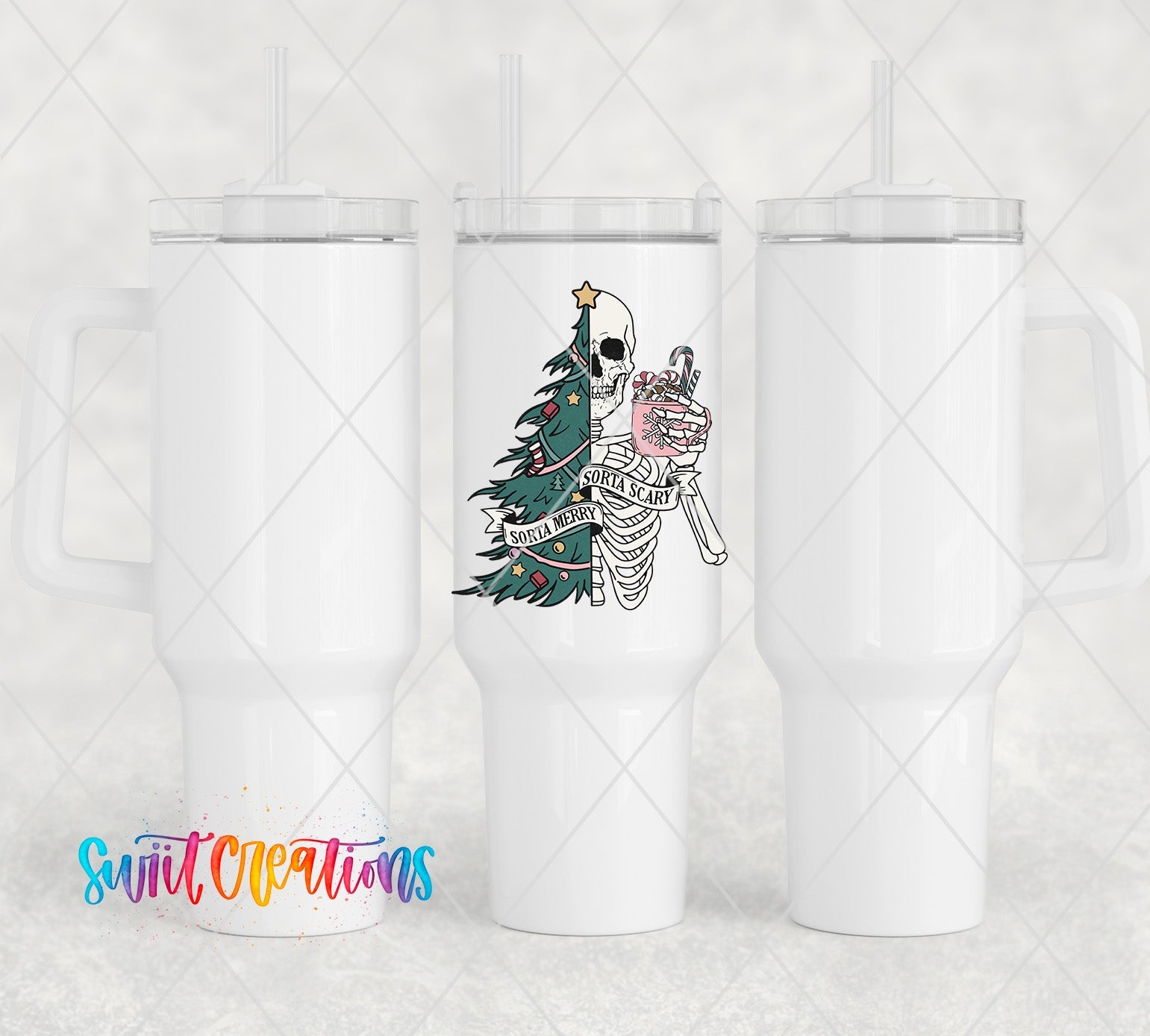 a white cup with a skeleton holding a christmas tree