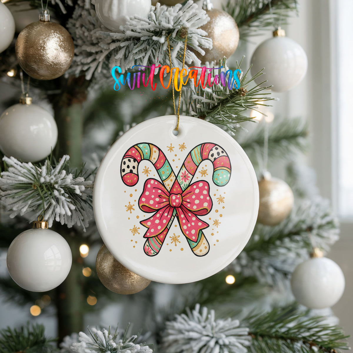 A white ceramic ornament with a colorful candy cane design hangs from a Christmas tree, surrounded by white and gold ornaments.