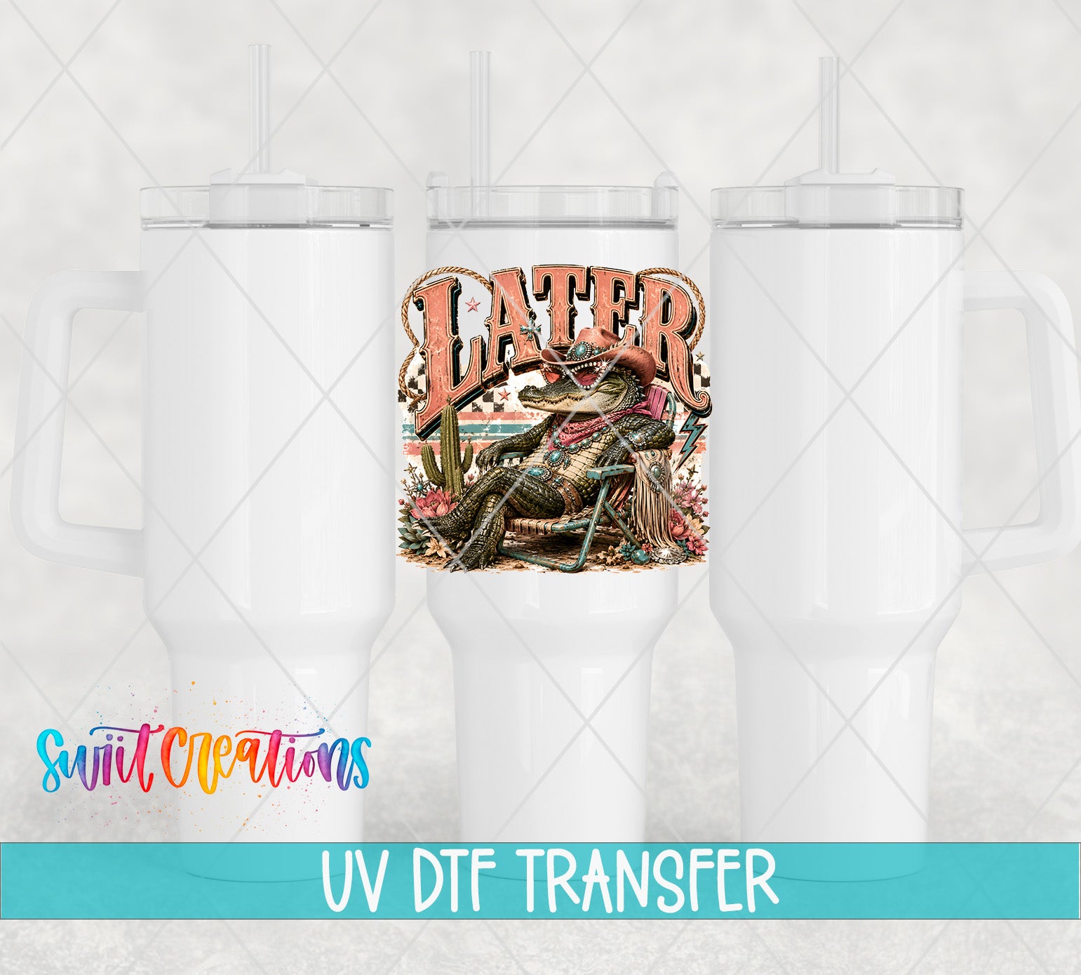 three white tumblers with a colorful graphic design on the center one.