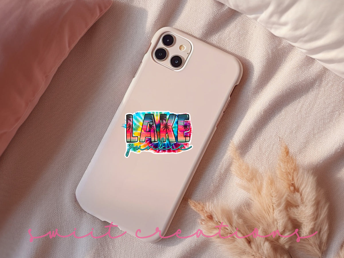 Lake Junkie sticker on a pink phone case