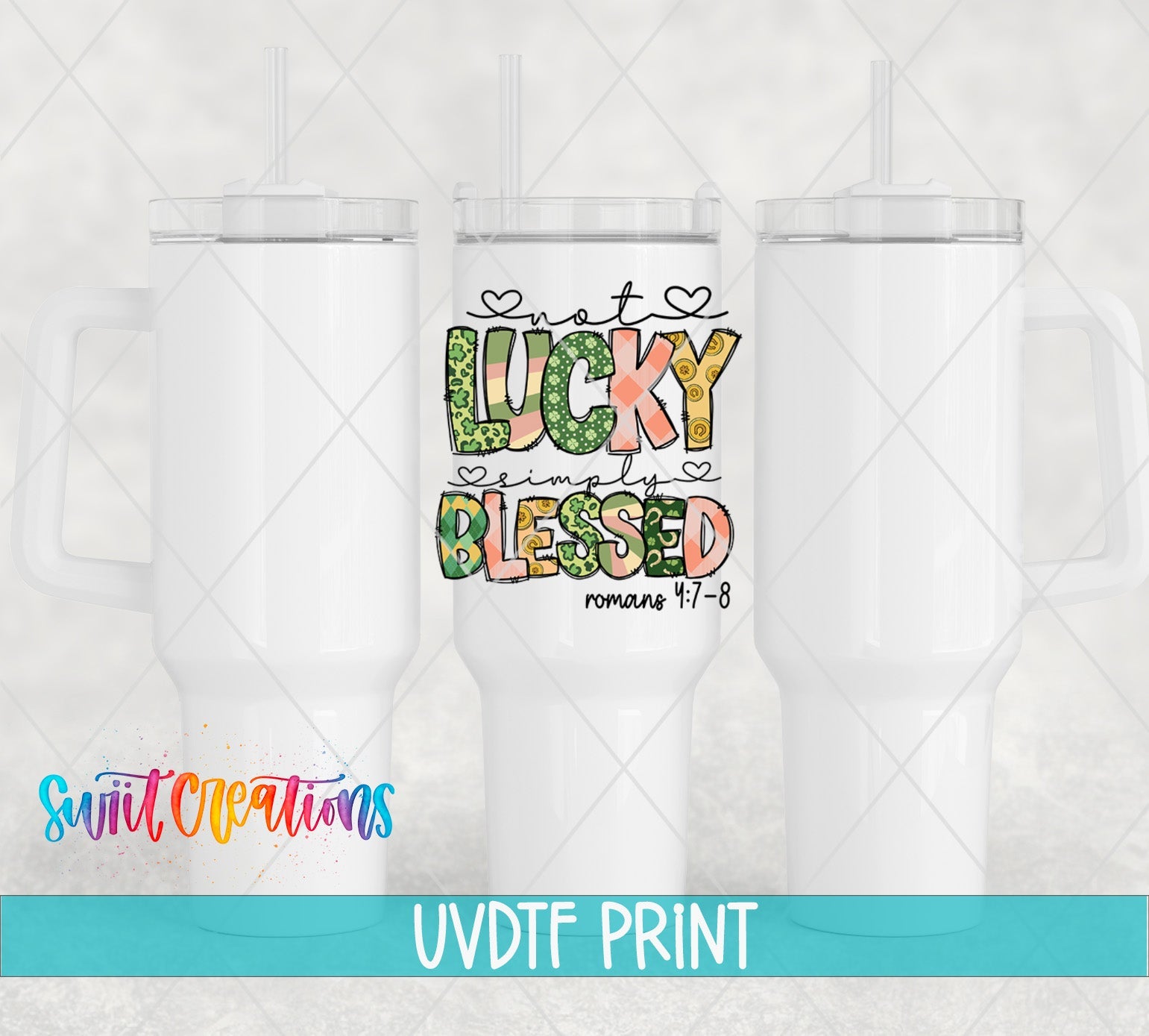 a set of three white tumblers with the words lucky and a cross on them