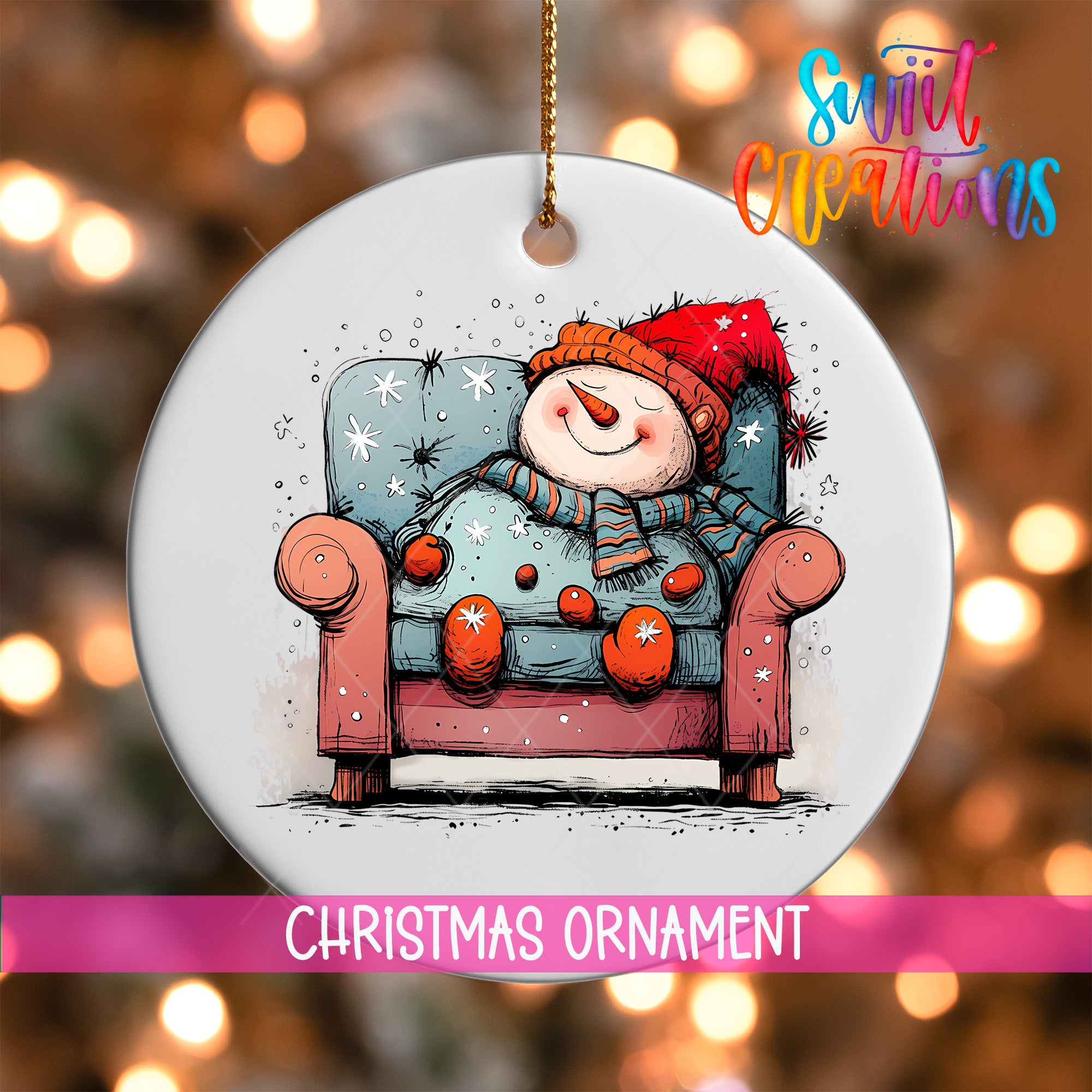 A snowman is sitting in a chair, surrounded by snowflakes, against a background of Christmas lights.