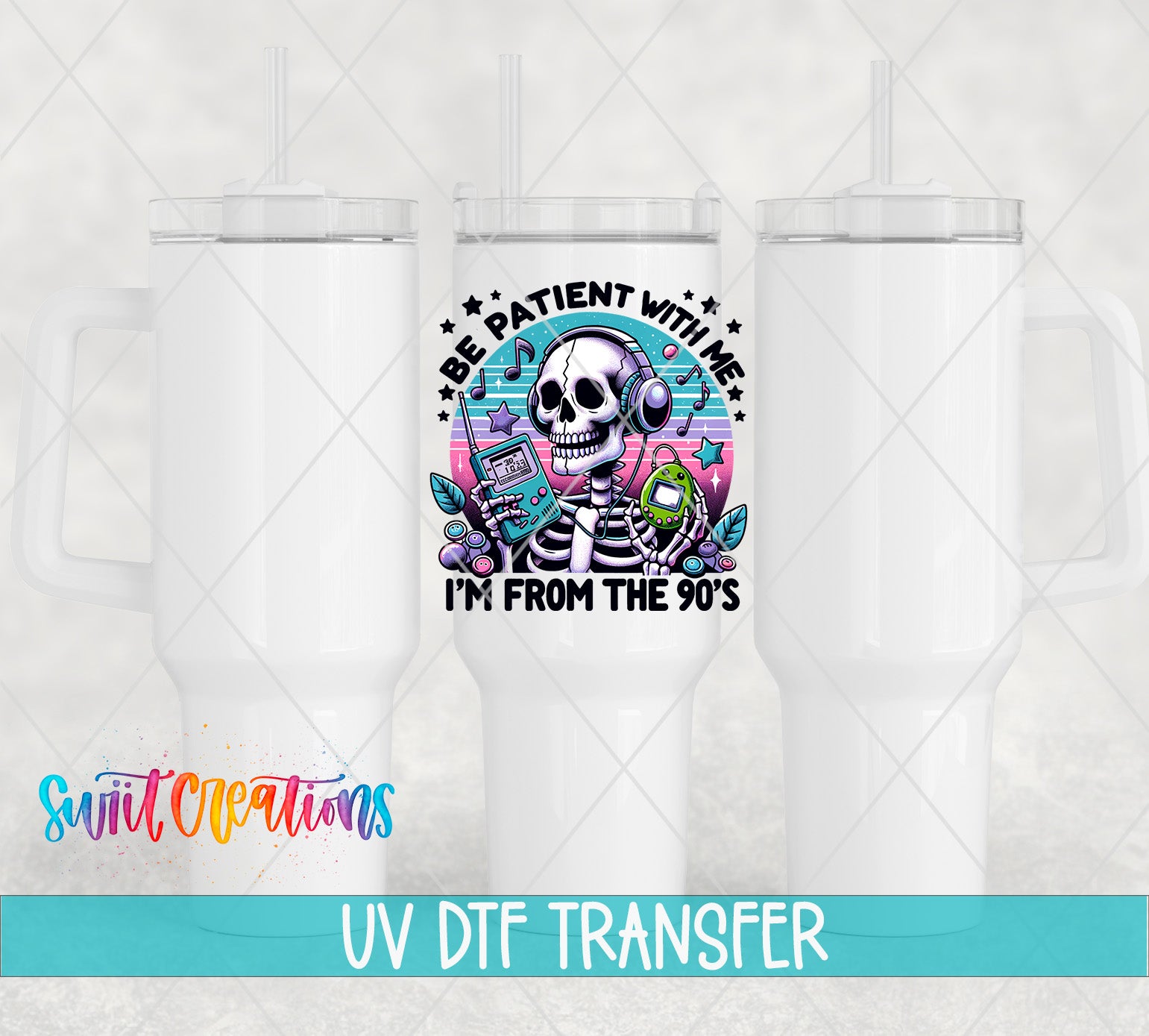 a white ceramic mug with a colorful graphic design on it, including a skeleton wearing headphones and holding a phone. The mug is set against a white background, and there is text at the bottom of the image that reads "UV DFT TRANSFER".