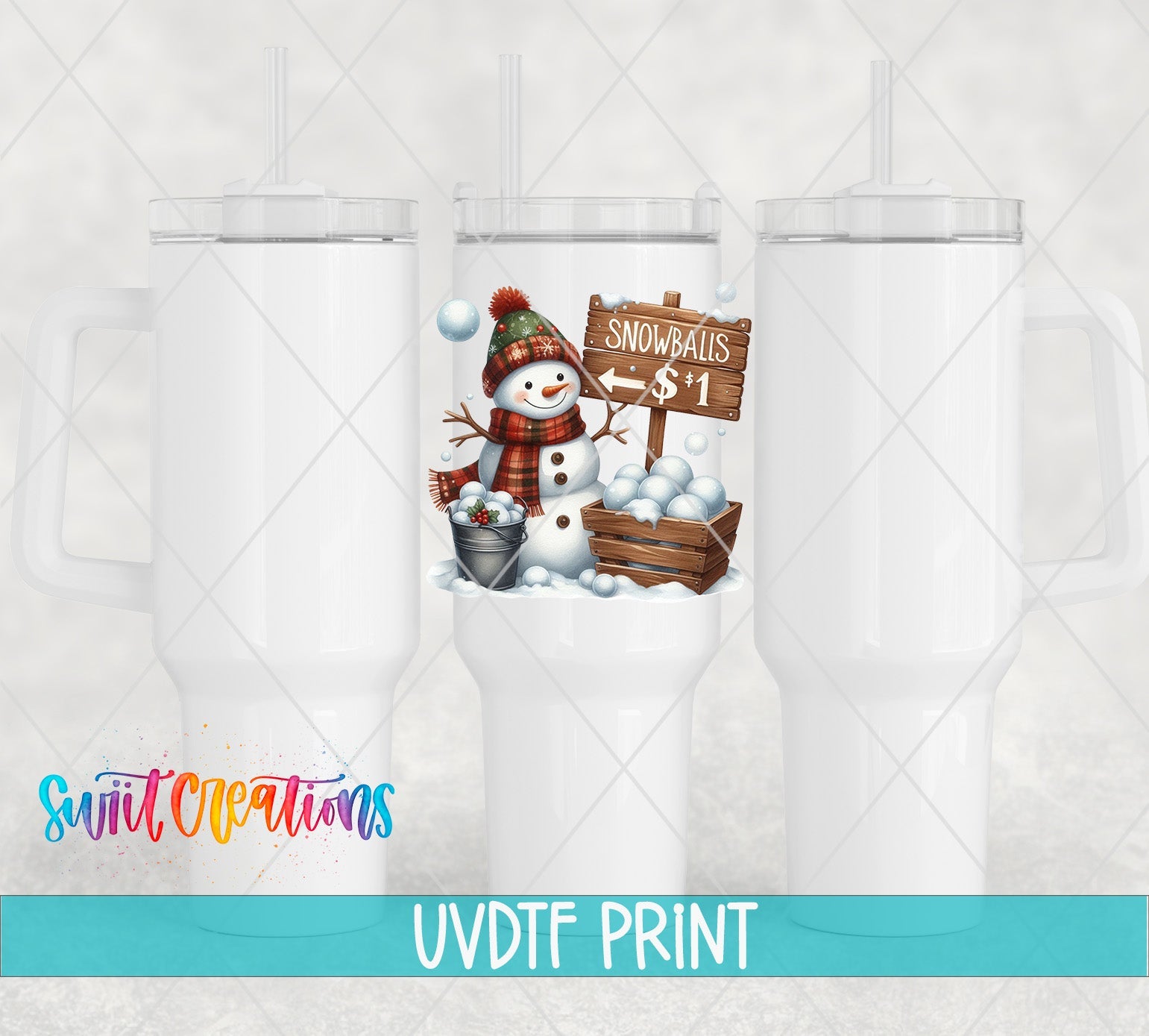 a white tumbler with a picture of a snowman on it