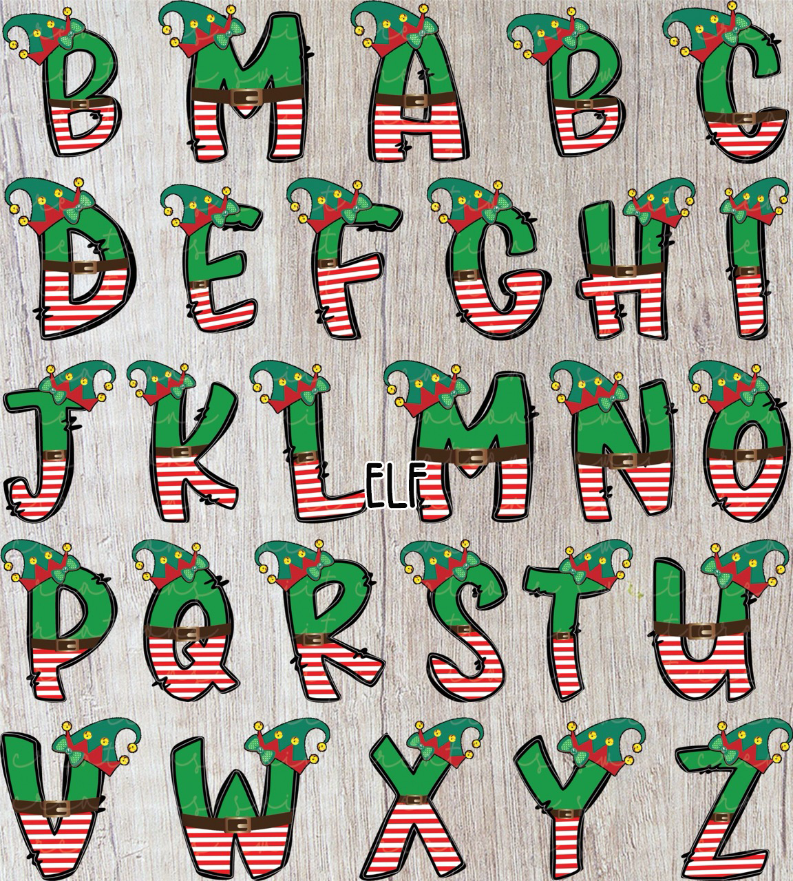 a collection of Christmas-themed letters, each with a festive elf hat on top. The letters are arranged in a grid-like pattern, creating a visually appealing and playful design.