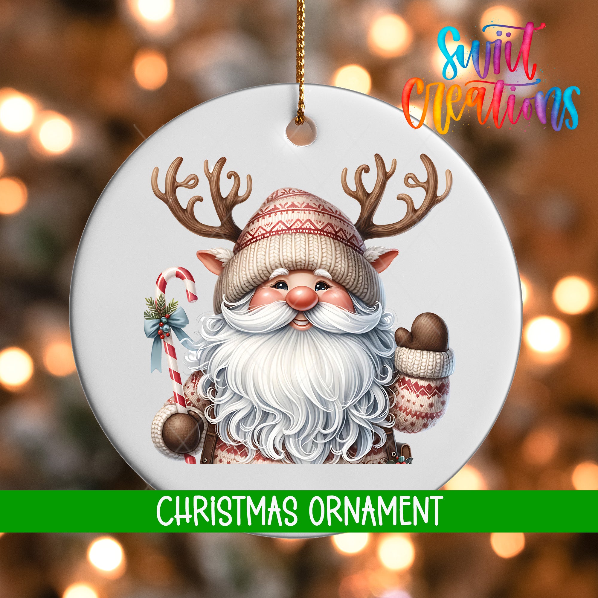 A white Christmas ornament featuring a smiling Santa Claus with antlers and a red and white striped hat.