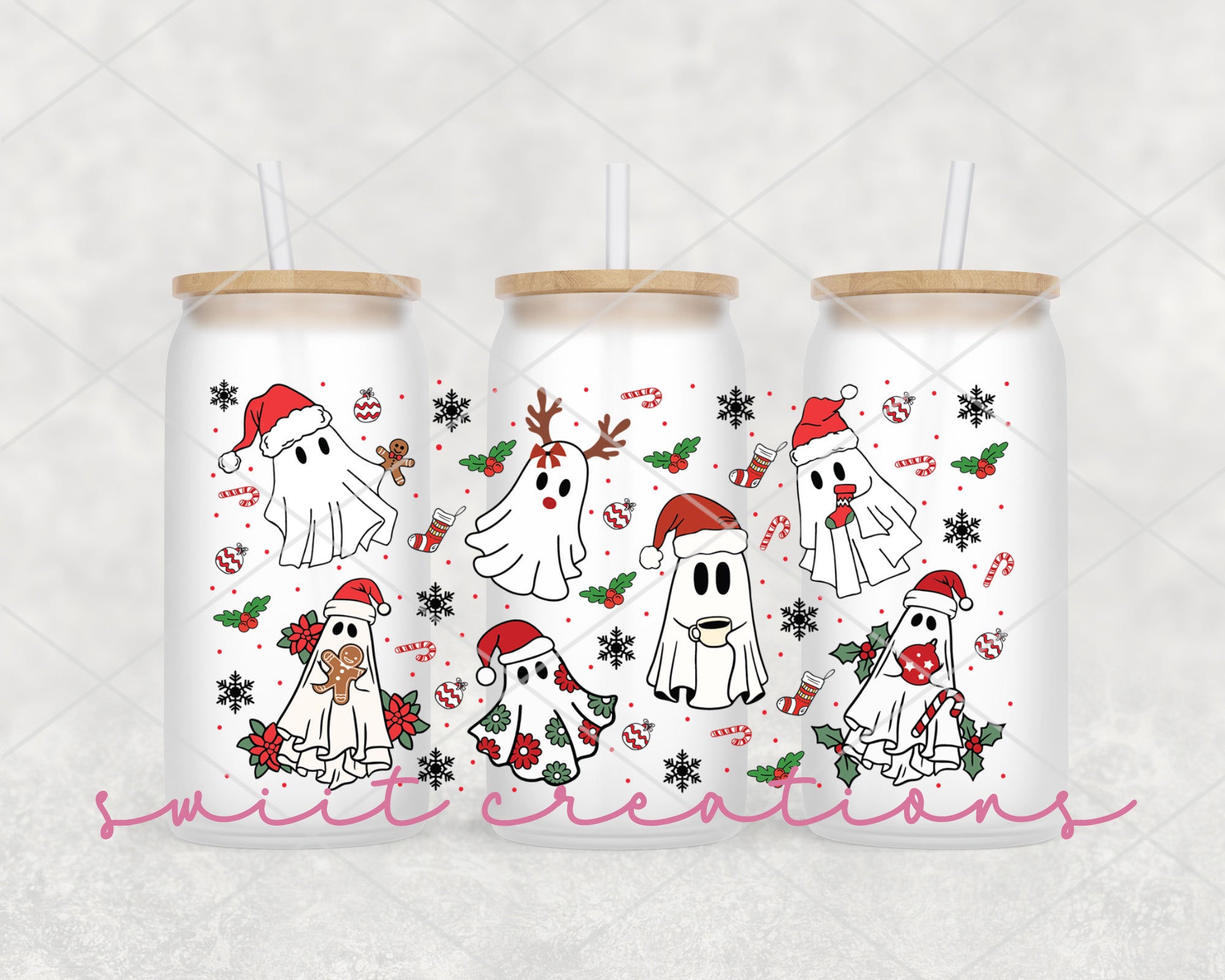 a group of three white dogs wearing christmas hats