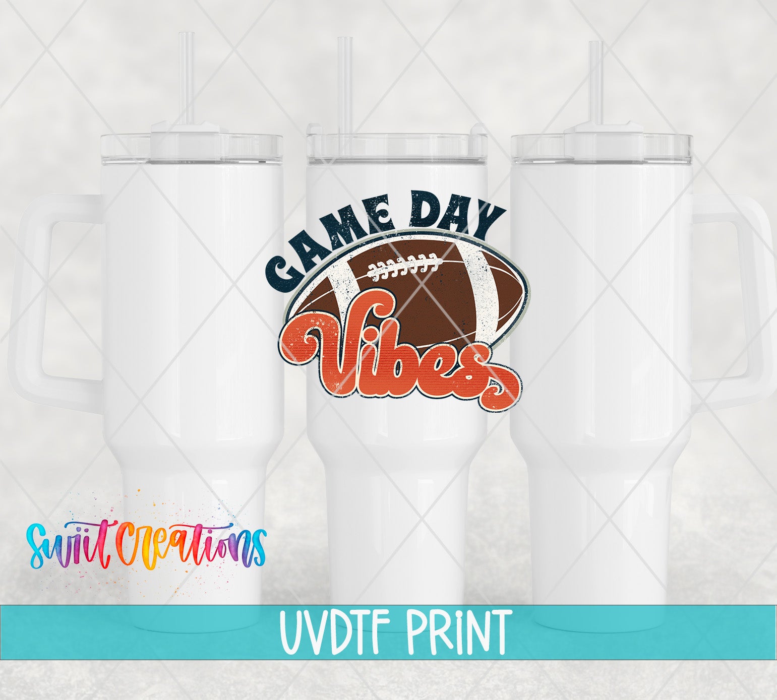 three white tumblers with a football graphic and the text "GAME DAY VIBES" printed on them.