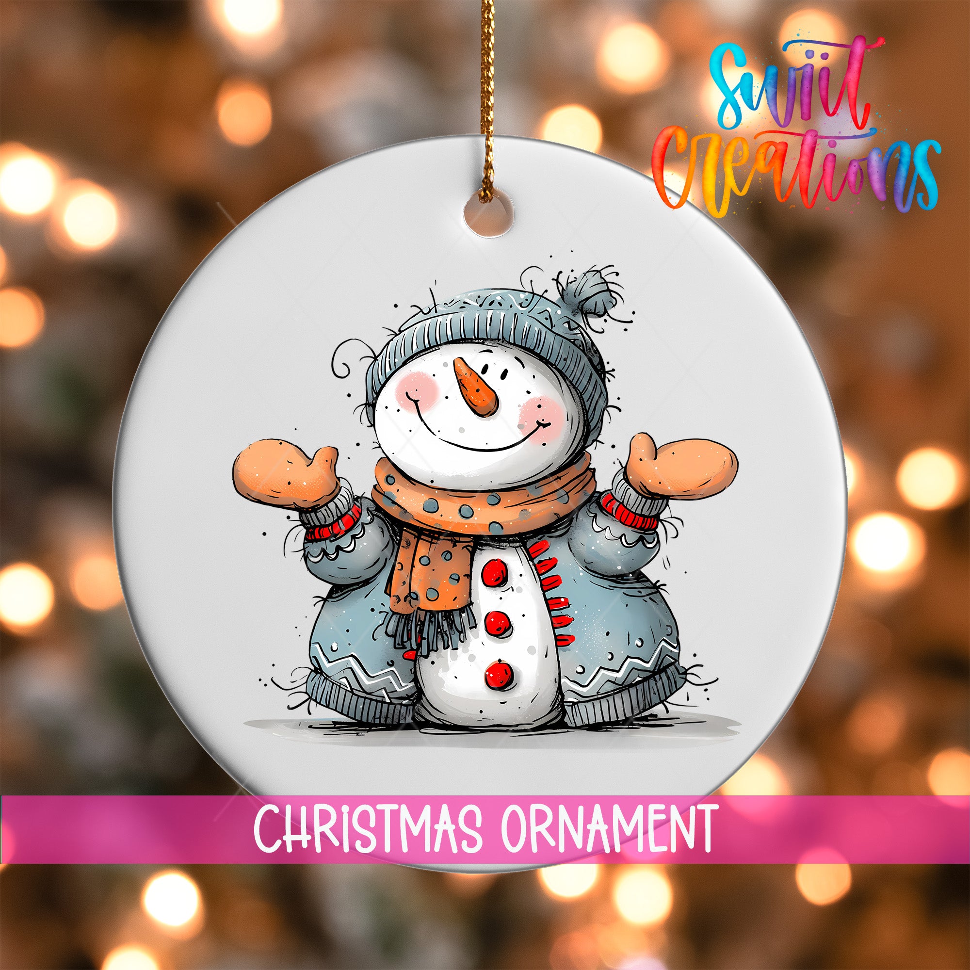 A snowman ornament with a smiling face and colorful scarf is hanging against a background of colorful lights.