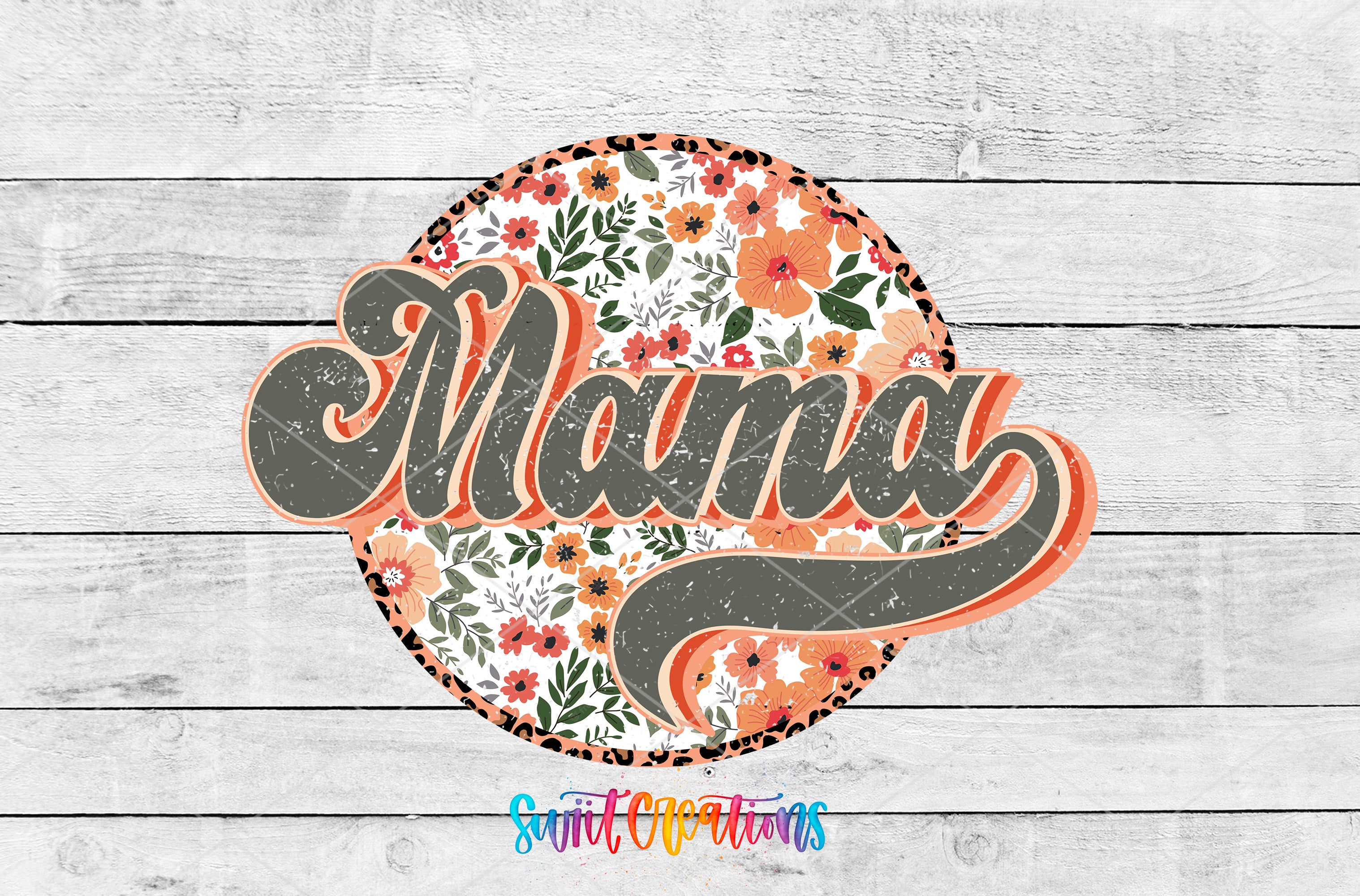 A circular graphic design with the word "Mama" written in a stylized font, surrounded by a floral pattern.