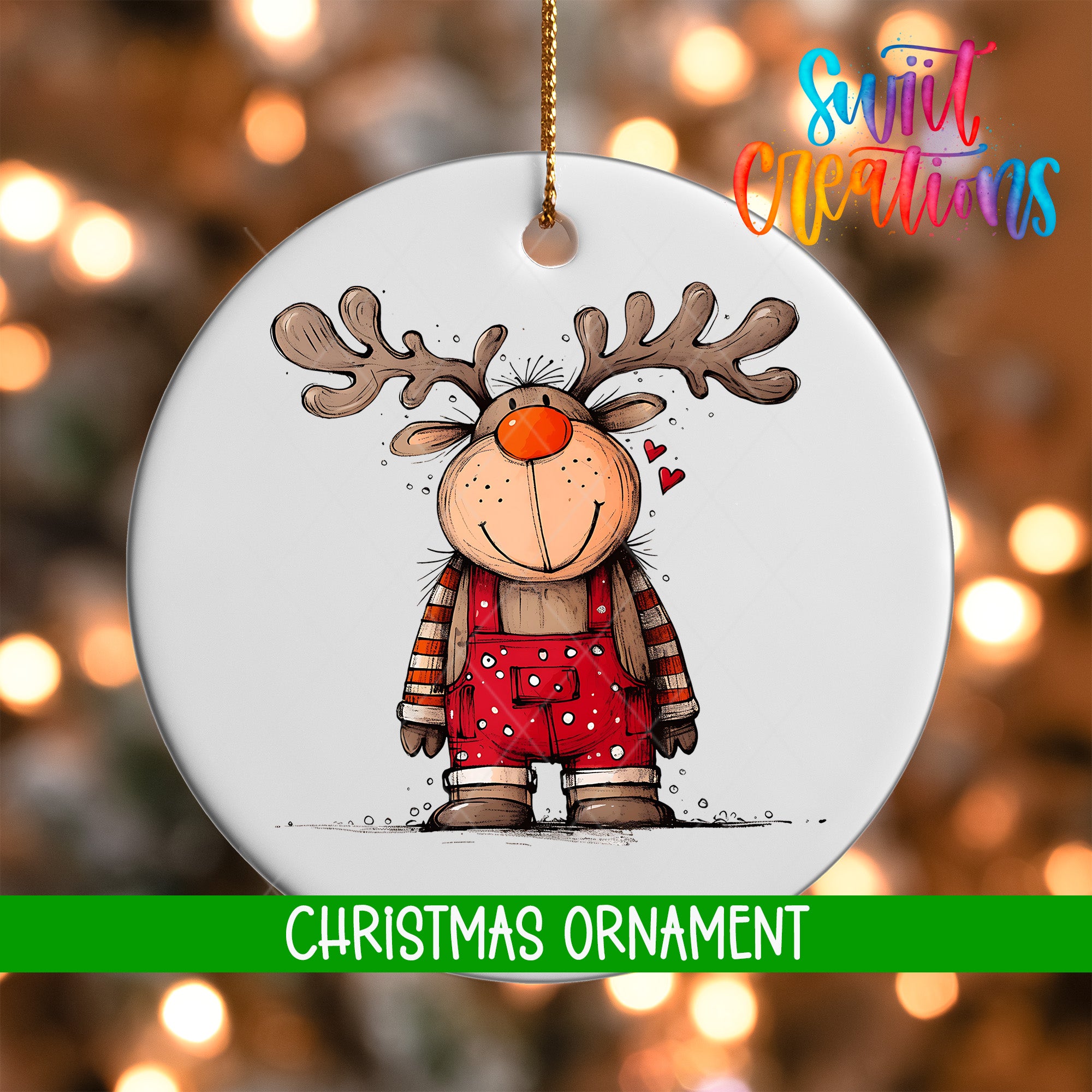 A white Christmas ornament featuring a cartoon reindeer wearing overalls and a red nose, with the text "Christmas Ornament" below it.