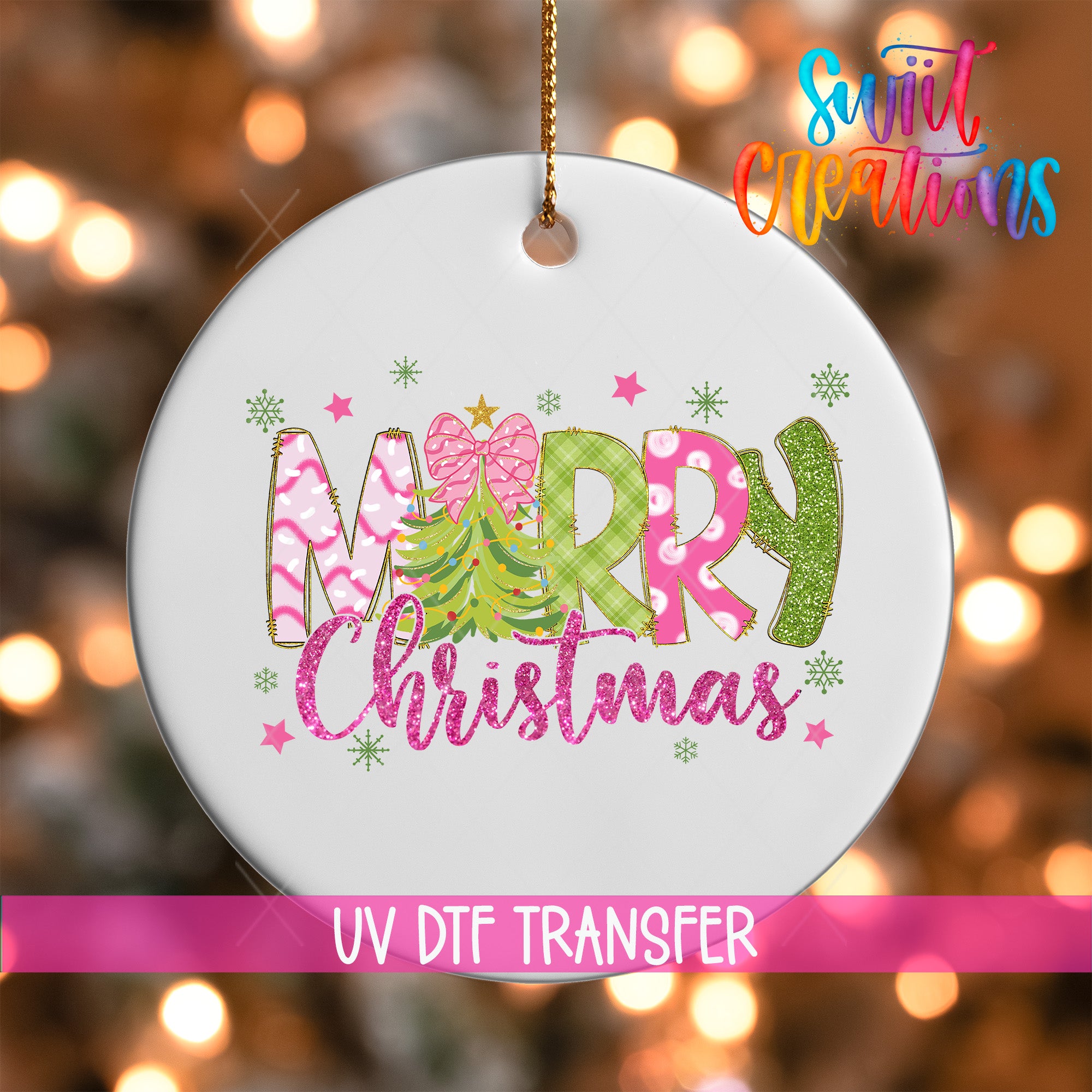 A white ceramic ornament with the text "Merry Christmas" in a colorful, festive style.