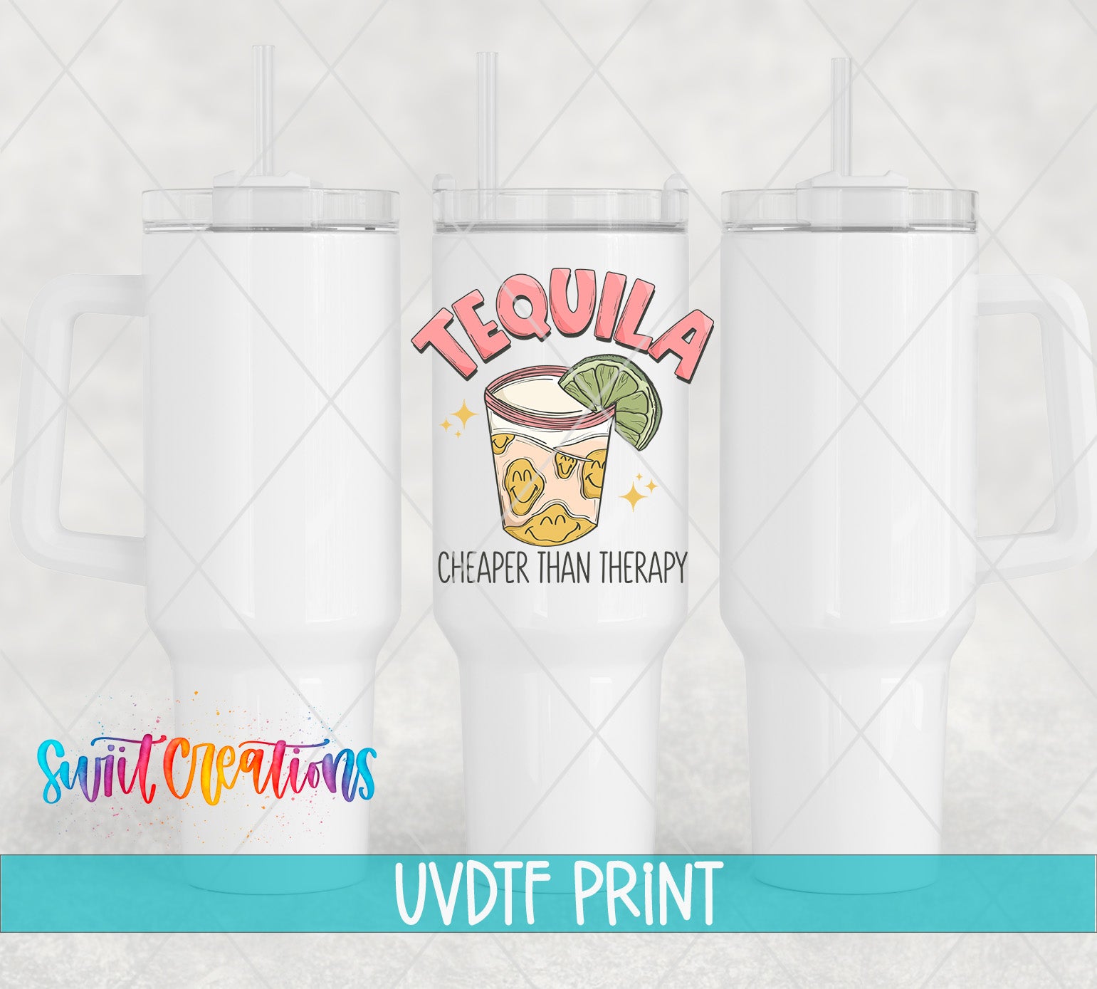 three white tumblers with the words tequila on them