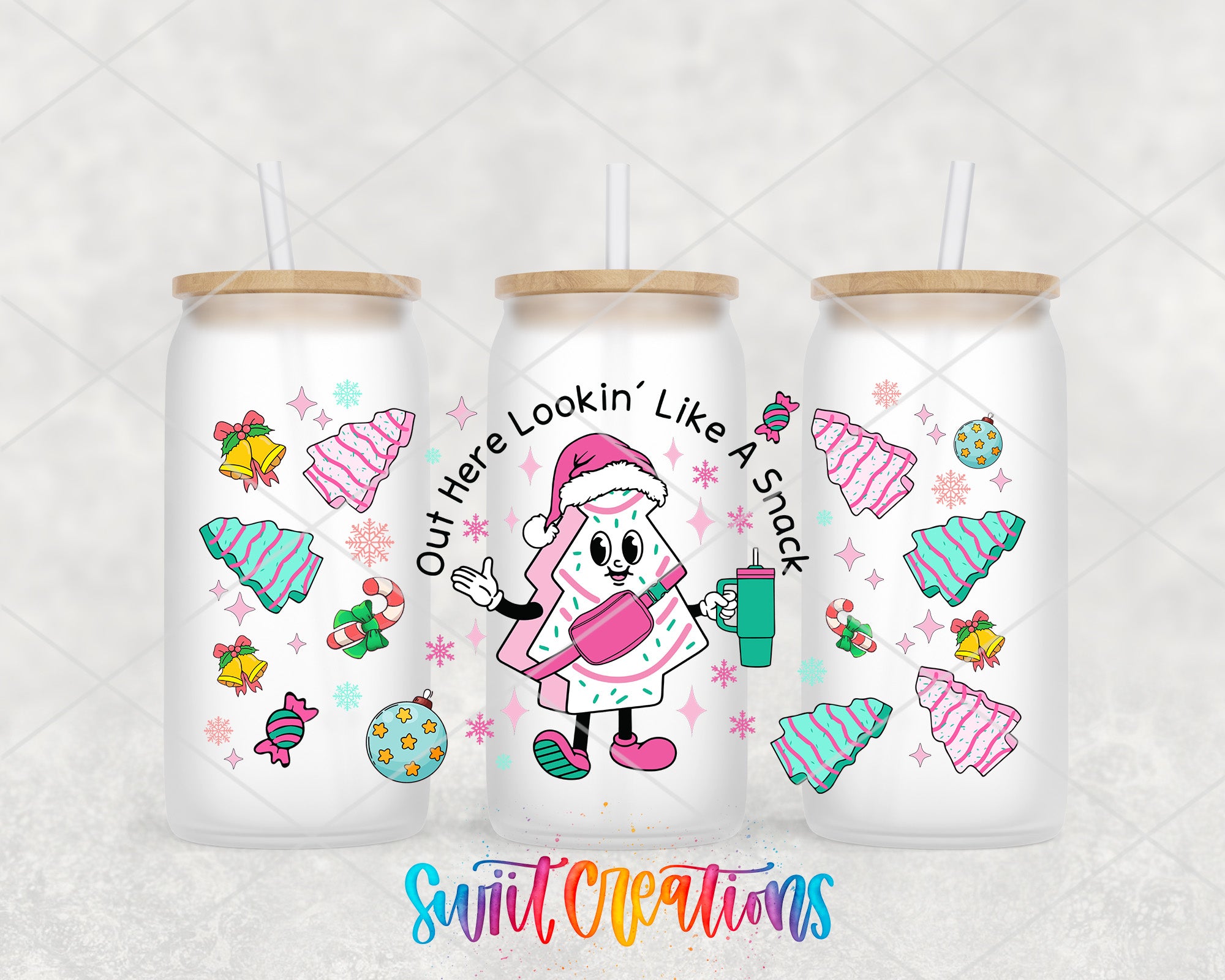 A collage of three colorful, cartoonish beverage cans with festive holiday-themed designs, including Christmas trees, snowflakes, and candy canes.