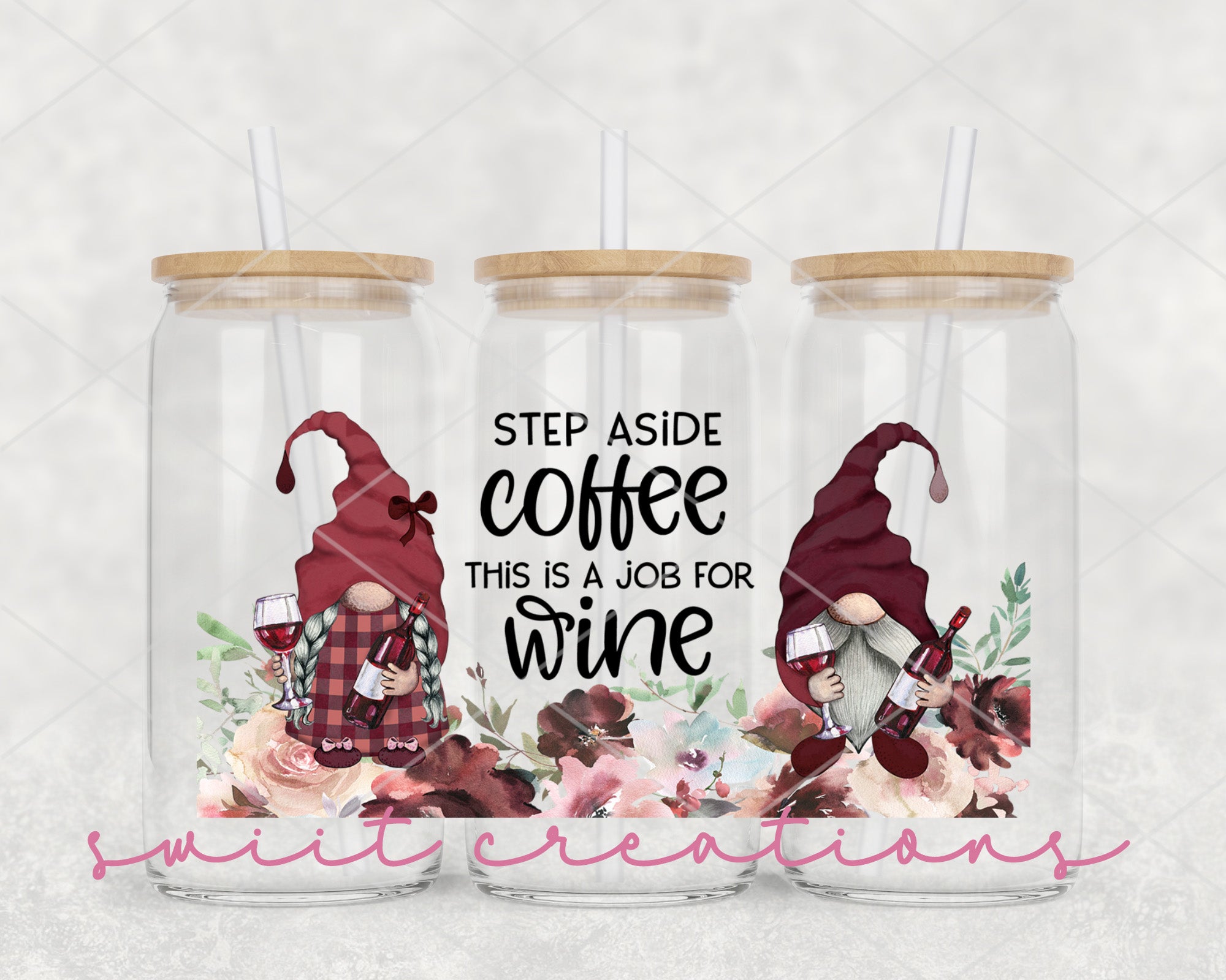 a couple of glass jars with gnomes inside of them