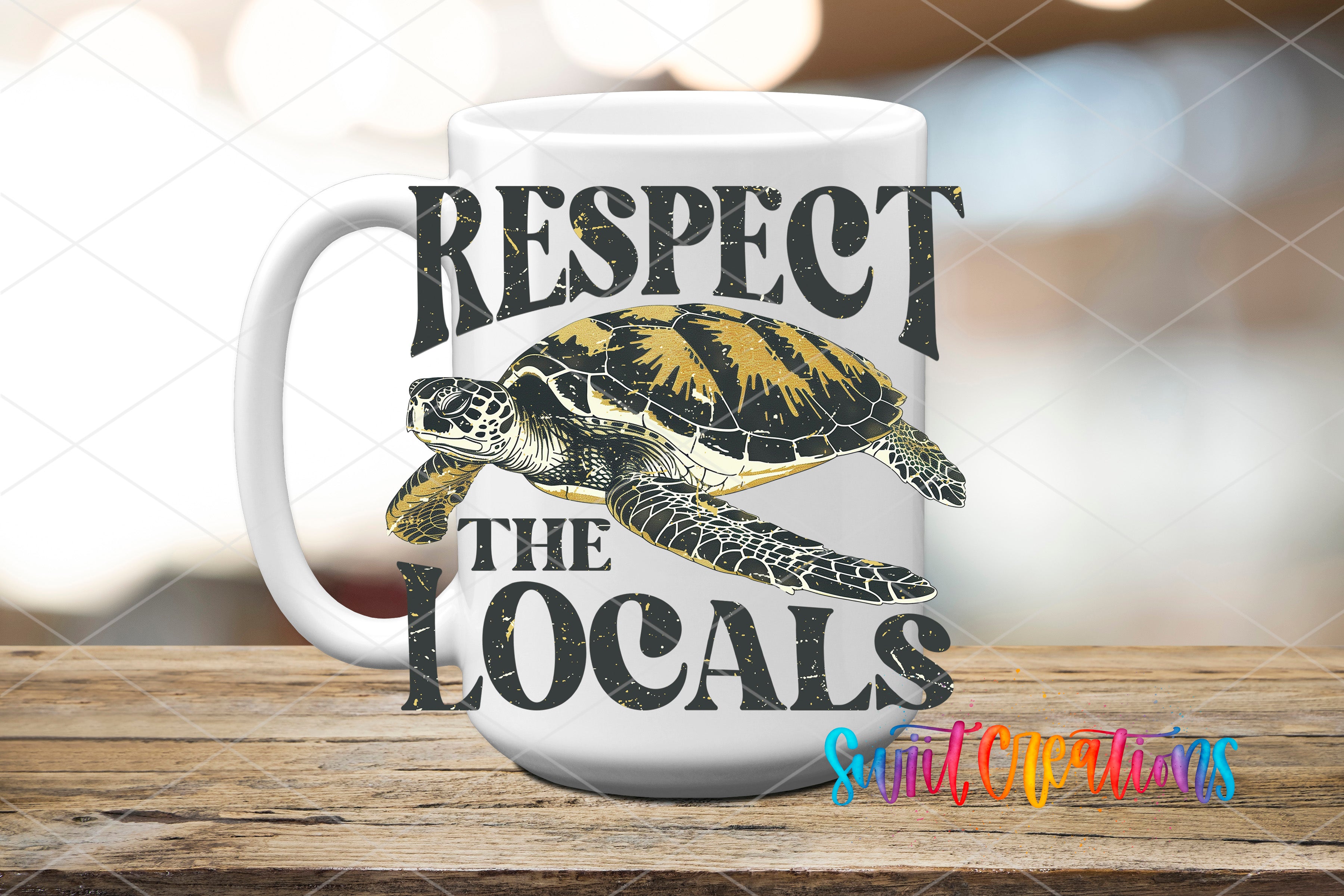 A white mug with a graphic design featuring a turtle and the text "RESPECT THE LOCALS" printed on it.