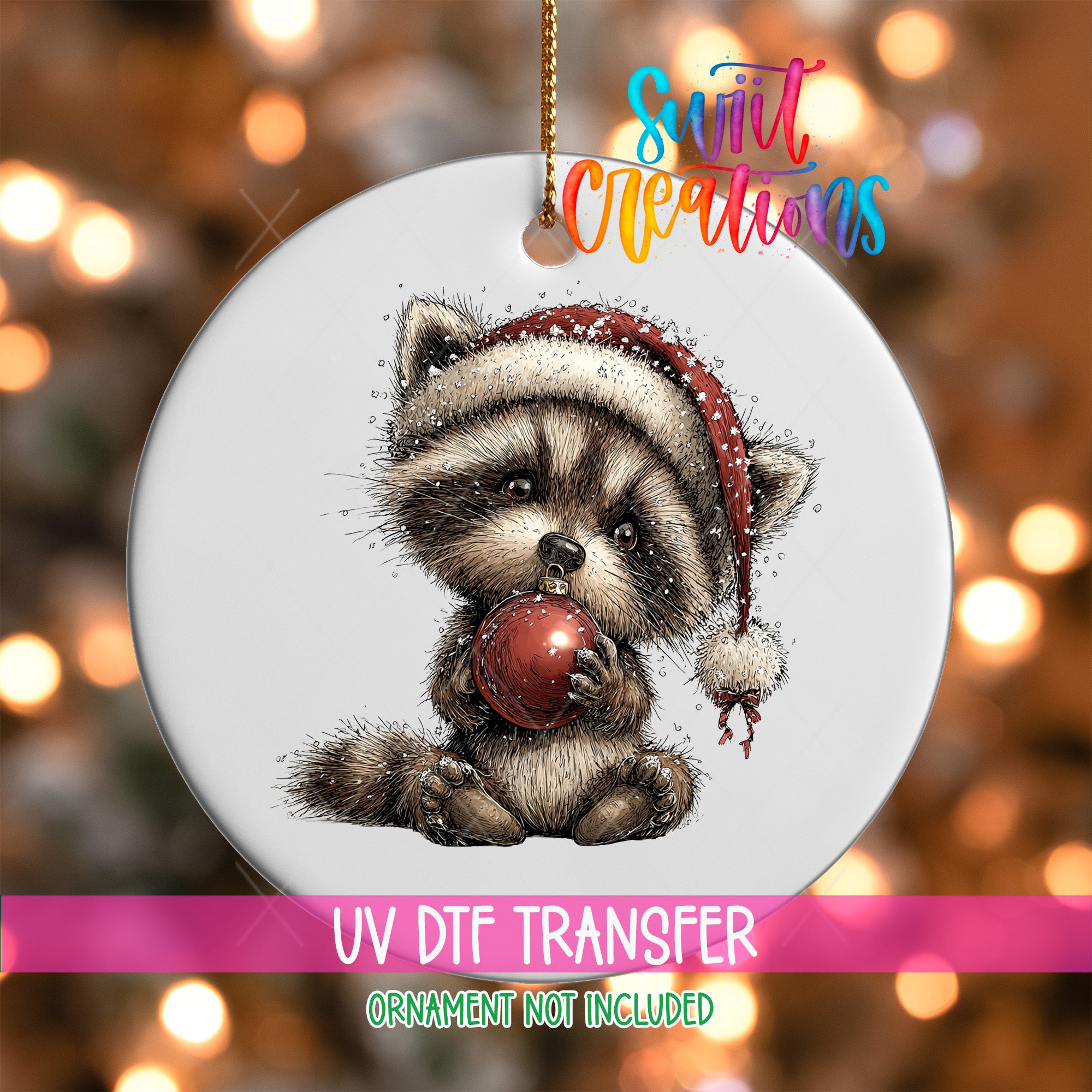 A ceramic ornament featuring a raccoon wearing a Santa hat and holding a red ornament, with a background of colorful lights.