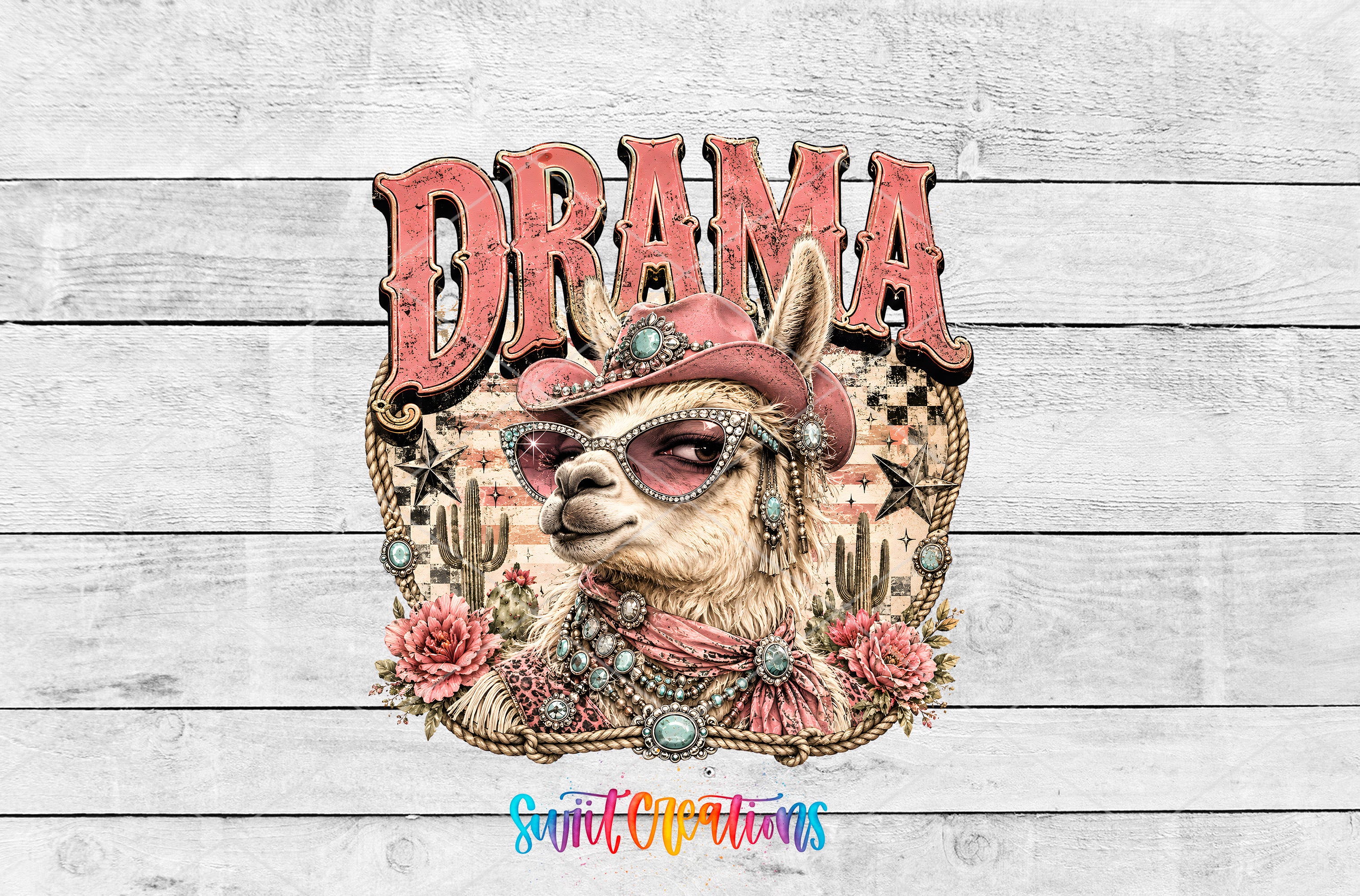 a llama wearing sunglasses and a hat, surrounded by flowers and cacti, with the word "Drama" prominently displayed above it.