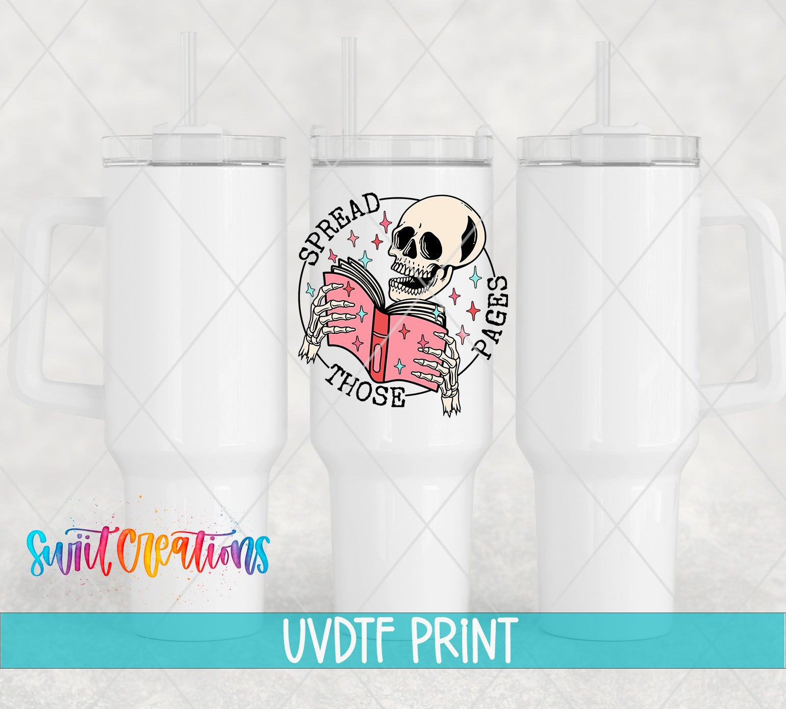 a white ceramic mug with a printed design on it, including a skeleton holding a book and the text "SPREAD THOSE PAGES".