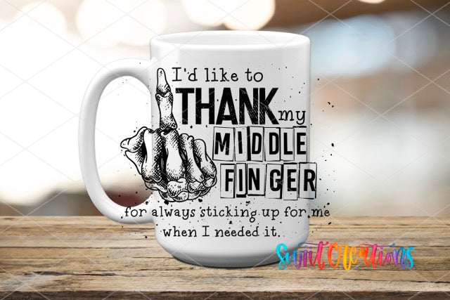 a coffee mug with a picture of a hand holding a finger
