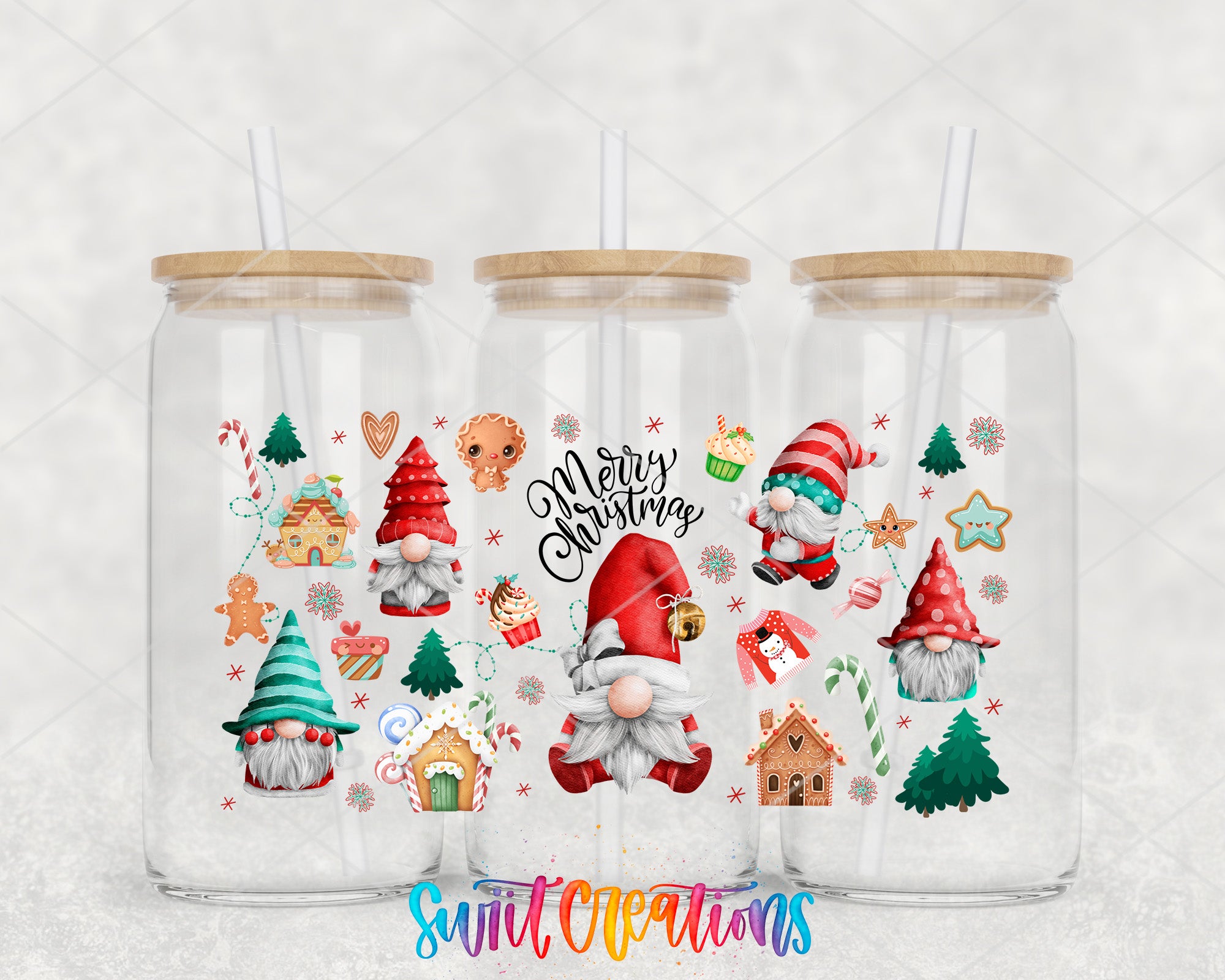 A collection of three glass tumblers with Christmas-themed designs on them, including gnomes, gingerbread houses, and other festive elements.