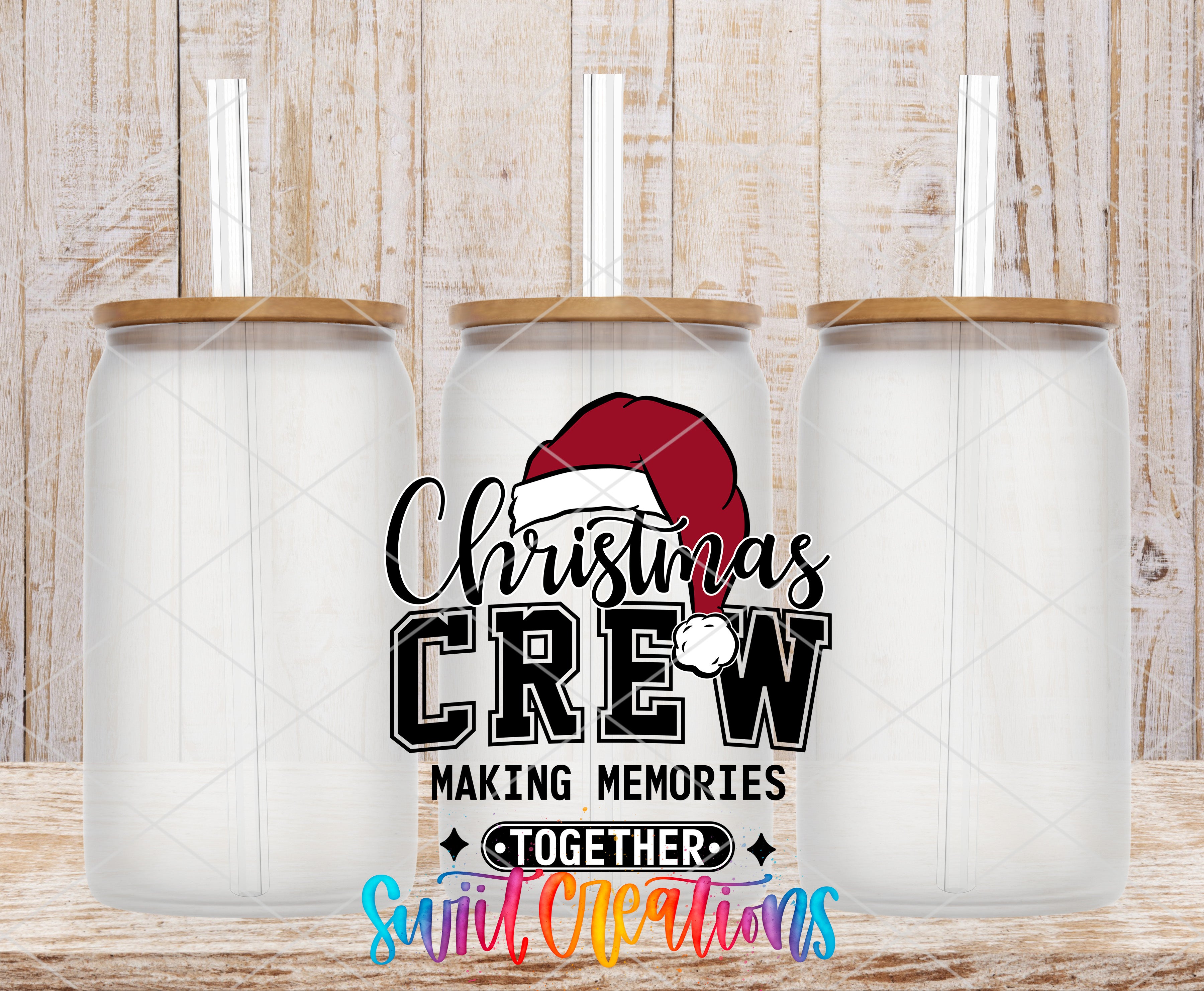 three clear glass jars with lids, each containing a straw. The jars are arranged in a row, and there is a text overlay in the center that reads "Christmas CREW Making memories together" with a Santa hat graphic.