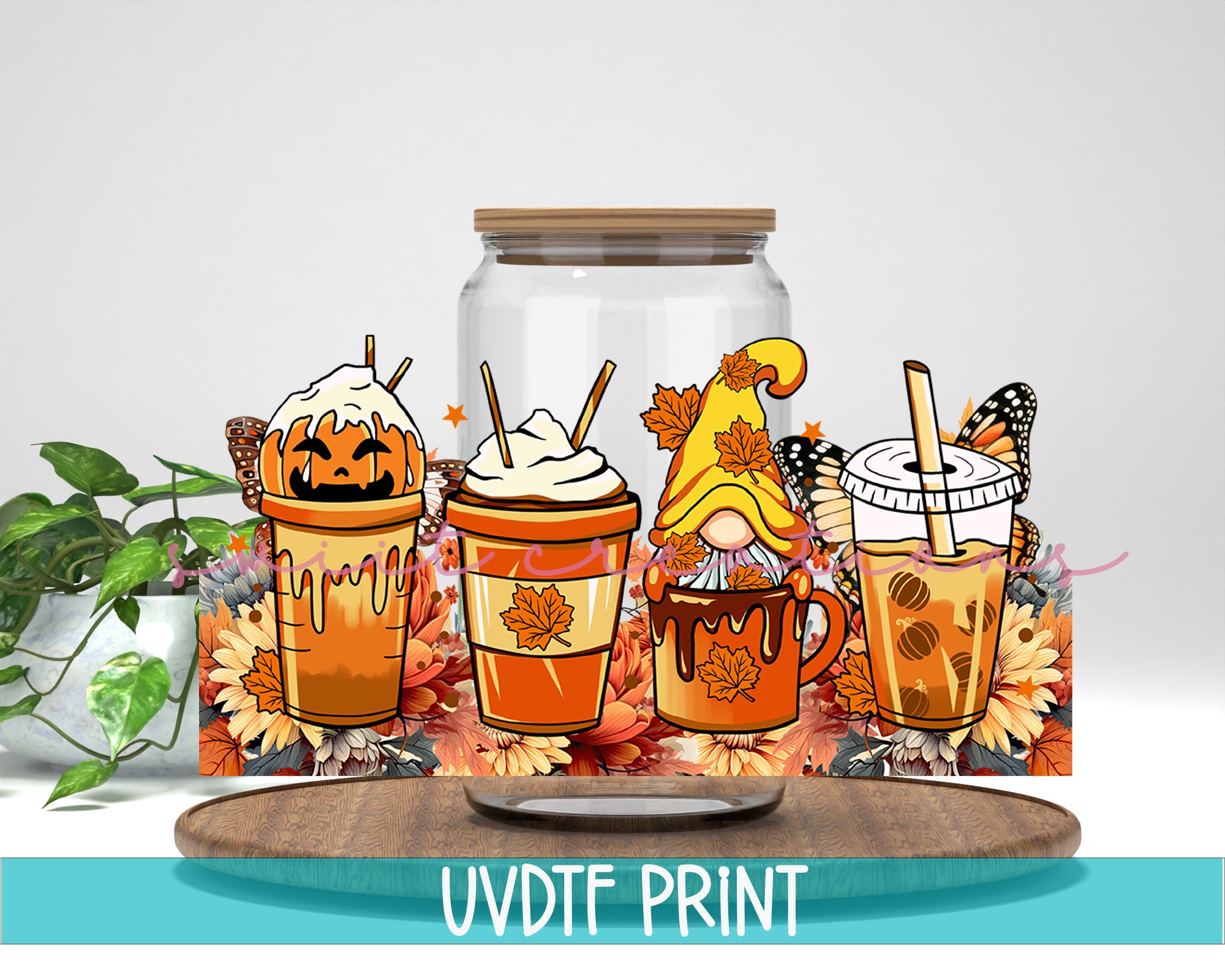 a group of pumpkin themed drinks sitting on top of a table
