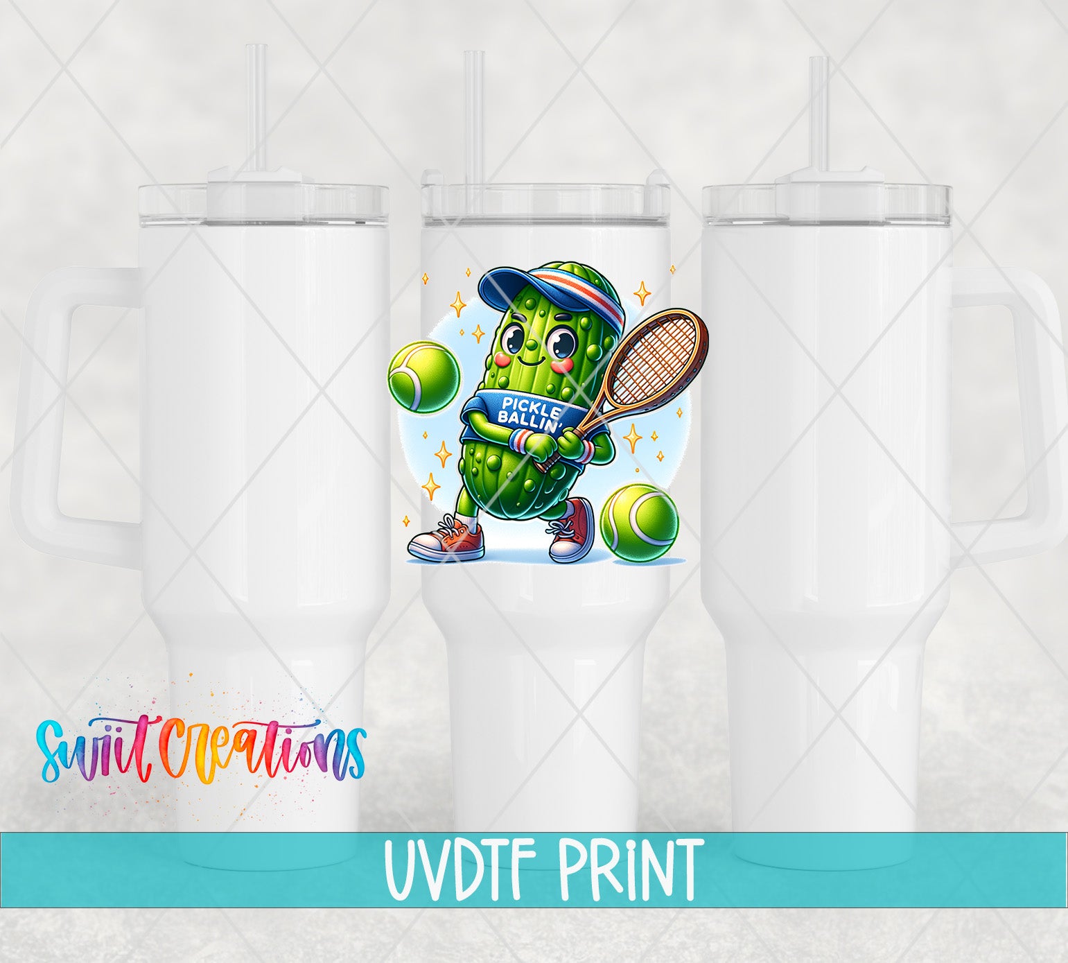 A white tumbler with a printed illustration of a pickle character holding a tennis racket and tennis balls.