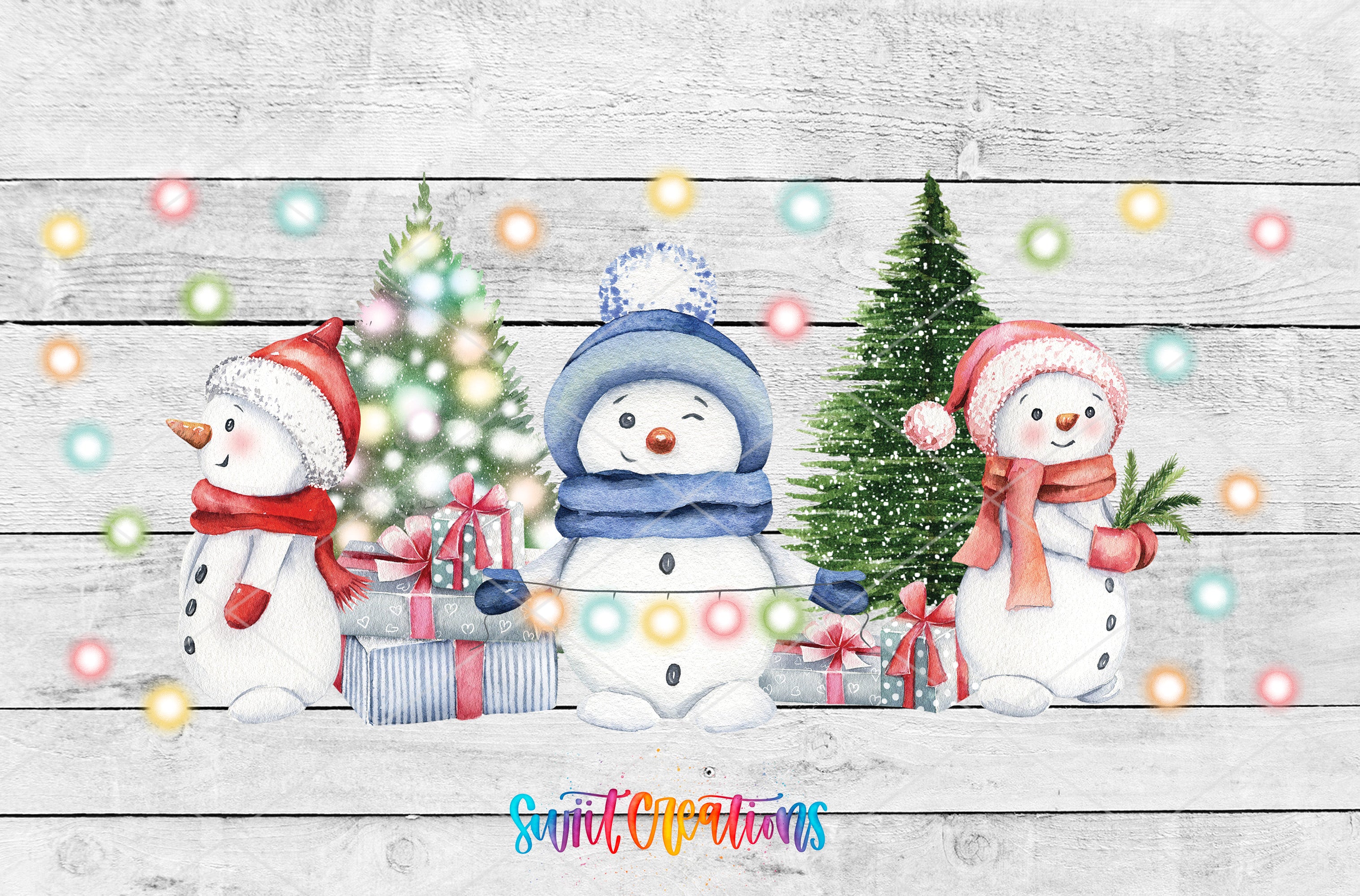 A festive winter scene with three cheerful snowmen, each holding a gift, standing in front of a Christmas tree. The background is a wooden surface with colorful lights, creating a warm and celebratory atmosphere.