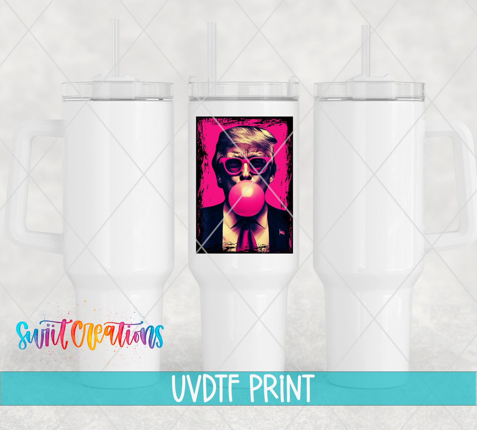 a collage of three white tumblers with a pink and purple graphic of a man blowing a bubble gum bubble.