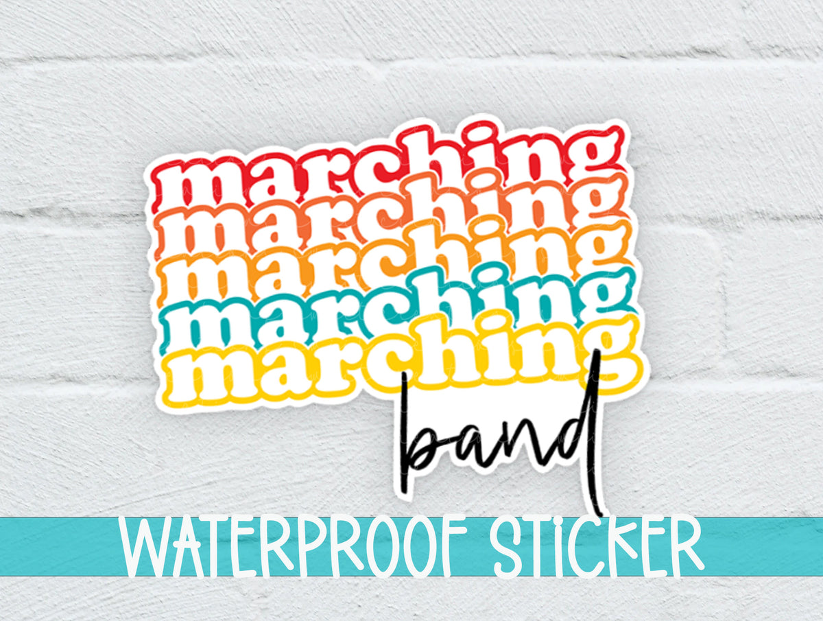 Retro Marching Band sticker on a white brick background with a waterproof sticker banner