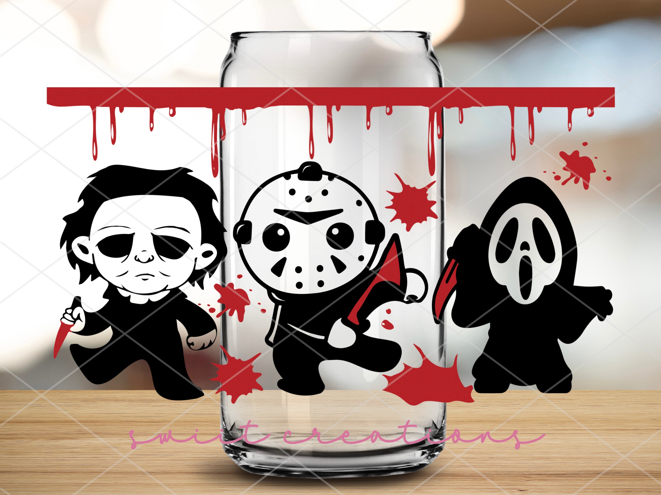 a glass with a picture of two characters inside of it