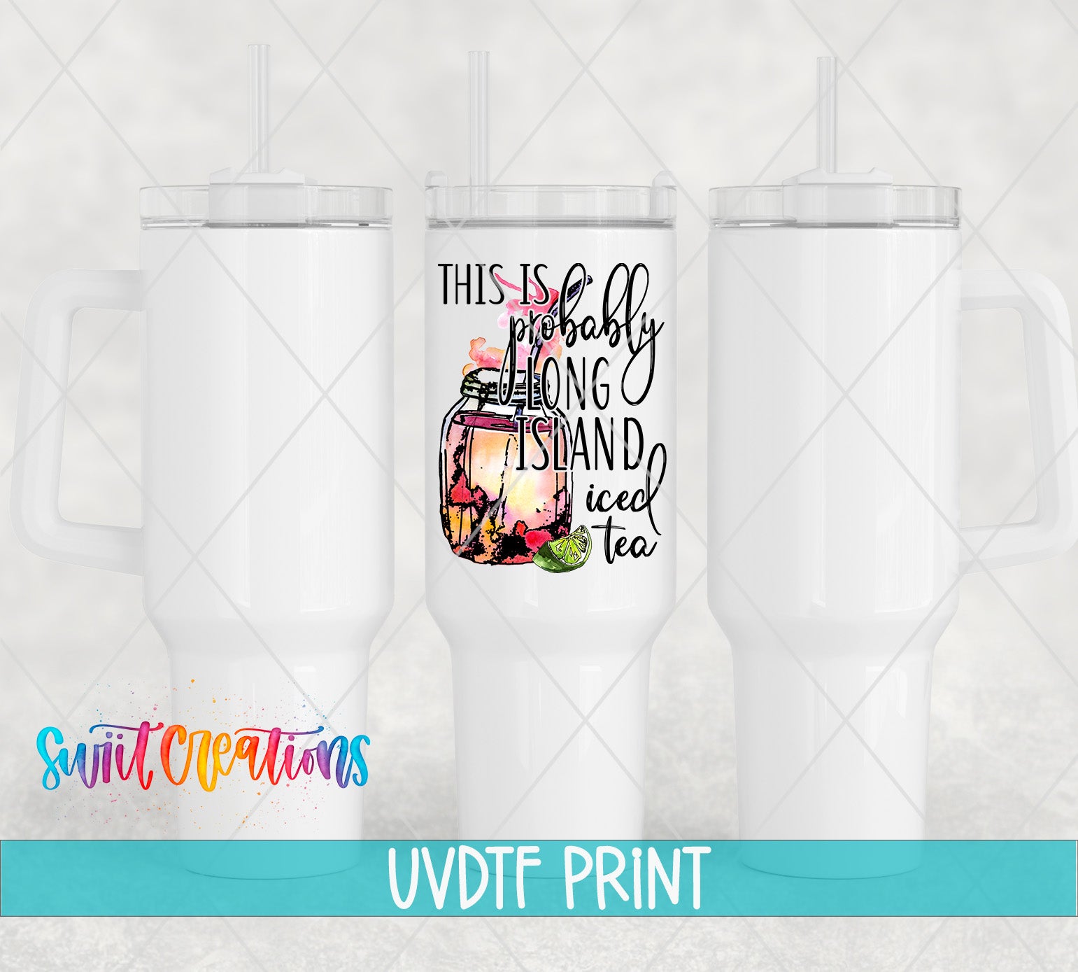 three white tumblers with colorful designs and text printed on them.