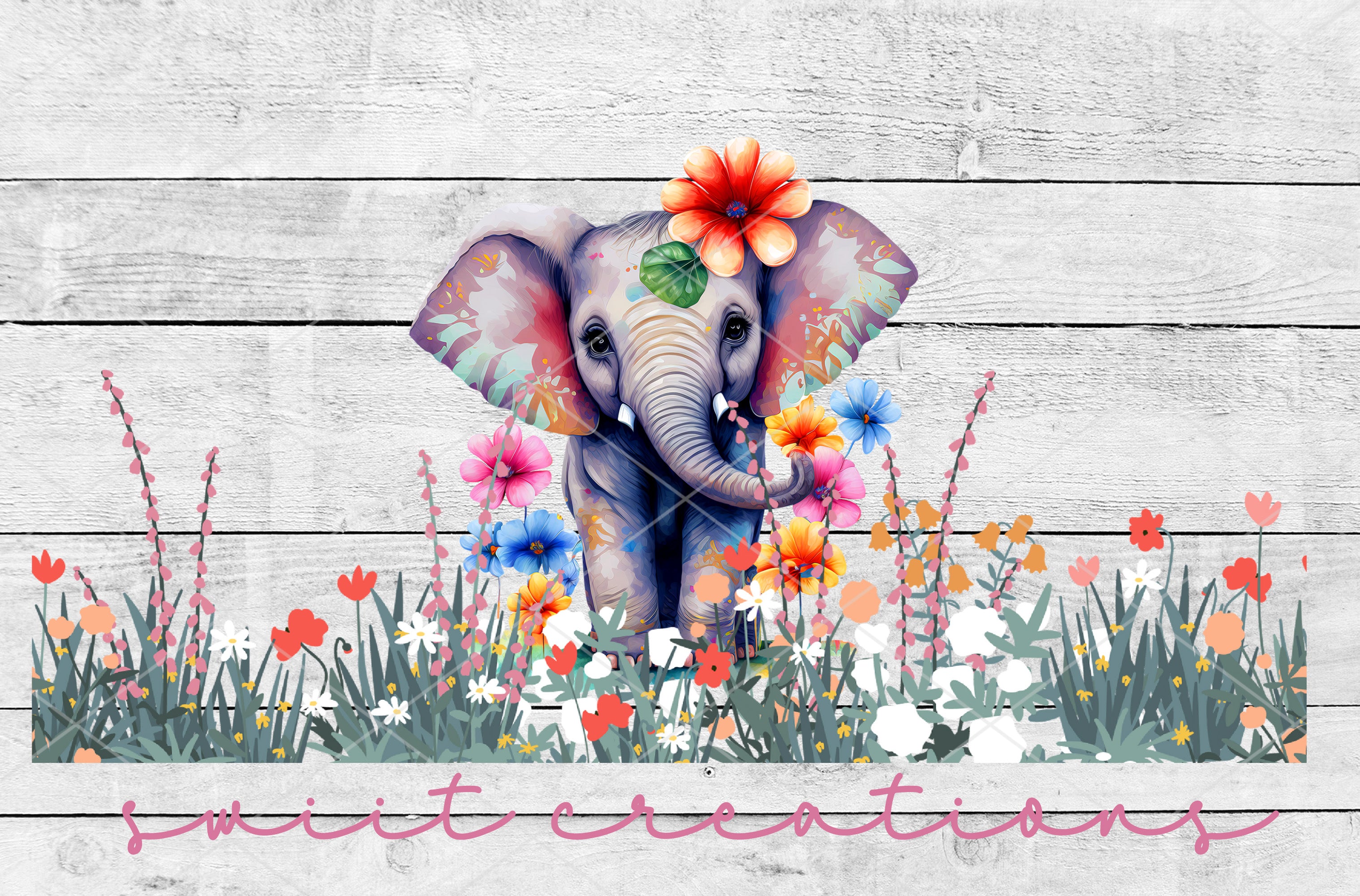 a picture of an elephant with flowers on it