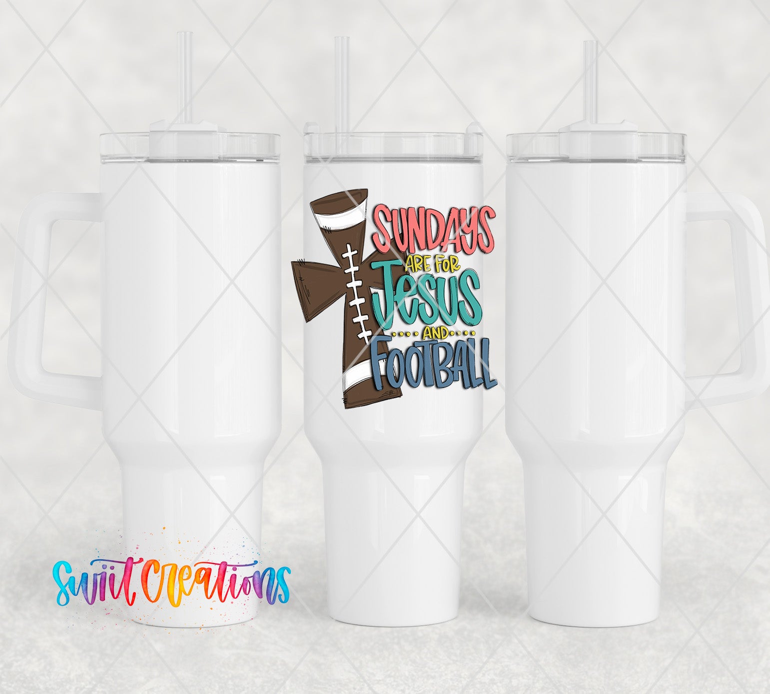 two white travel mugs with the words sunday's are jesus and football