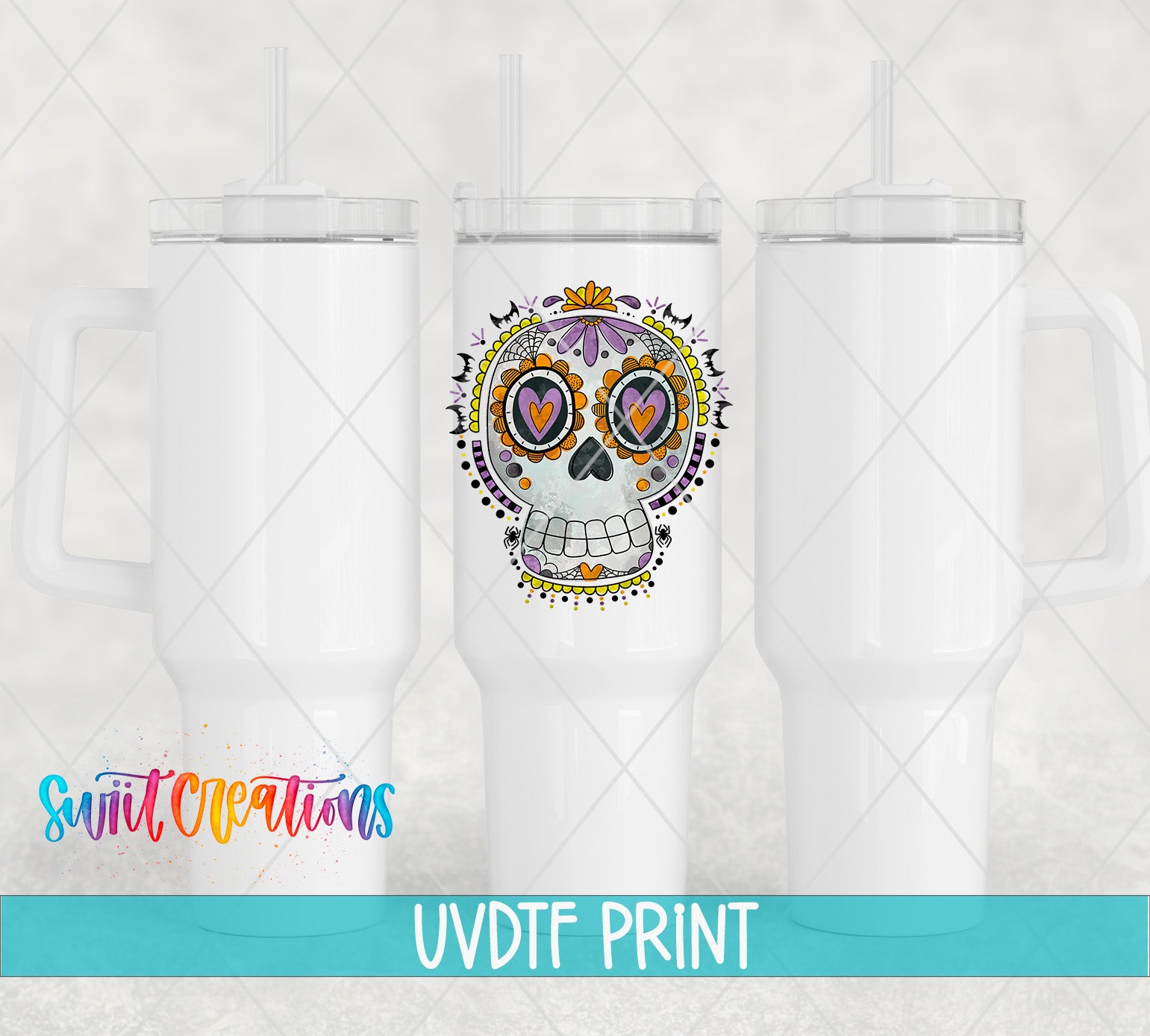 a white ceramic mug with a colorful skull design on it, along with a text overlay that reads "Swit Creations UVDF PRINT".