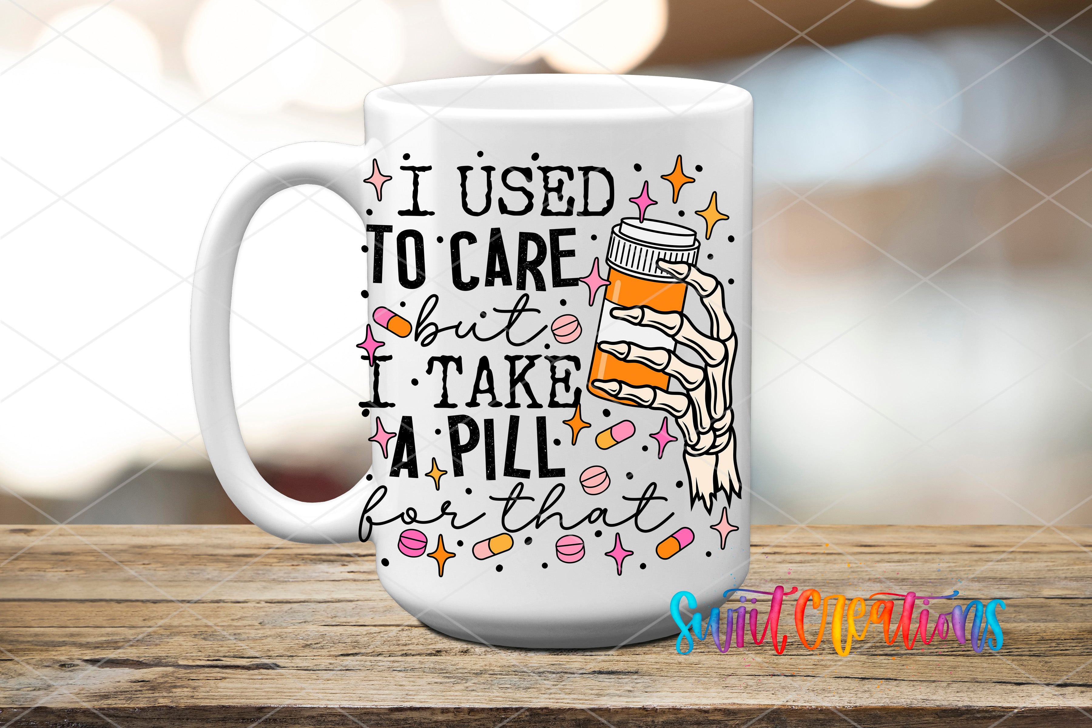 A white mug with a humorous text and graphic design printed on it, sitting on a wooden surface.