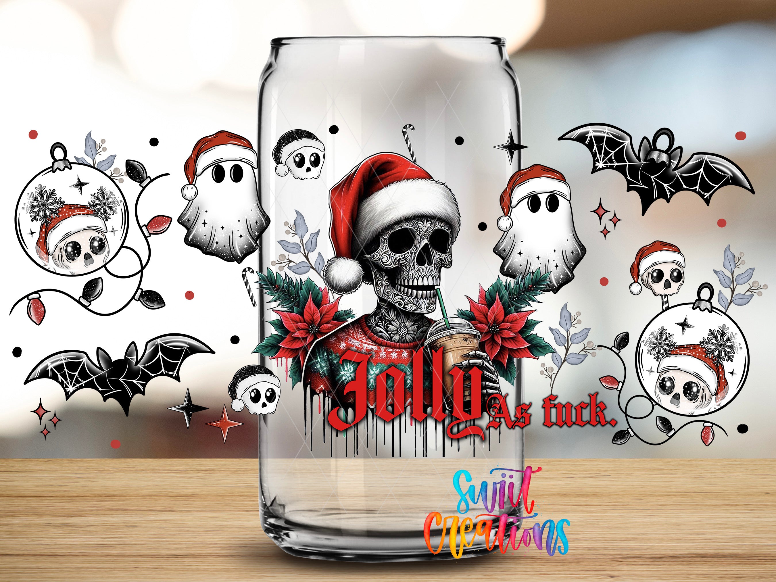 A glass with a skull wearing a Santa hat and holding a drink, surrounded by various Halloween-themed elements such as bats, skulls, and flowers.