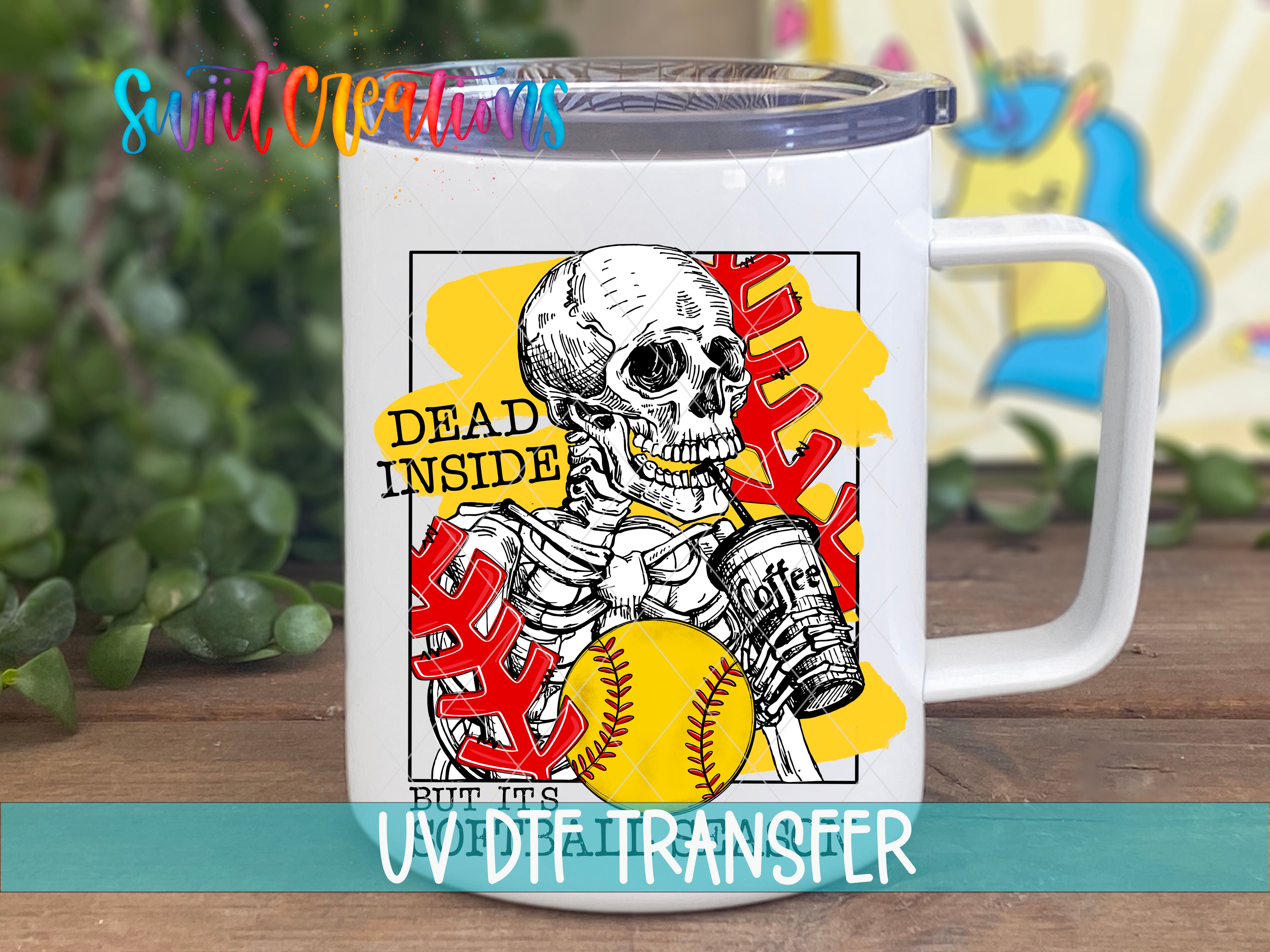 A white mug with a colorful illustration of a skeleton holding a baseball and a sign that says "Dead inside".