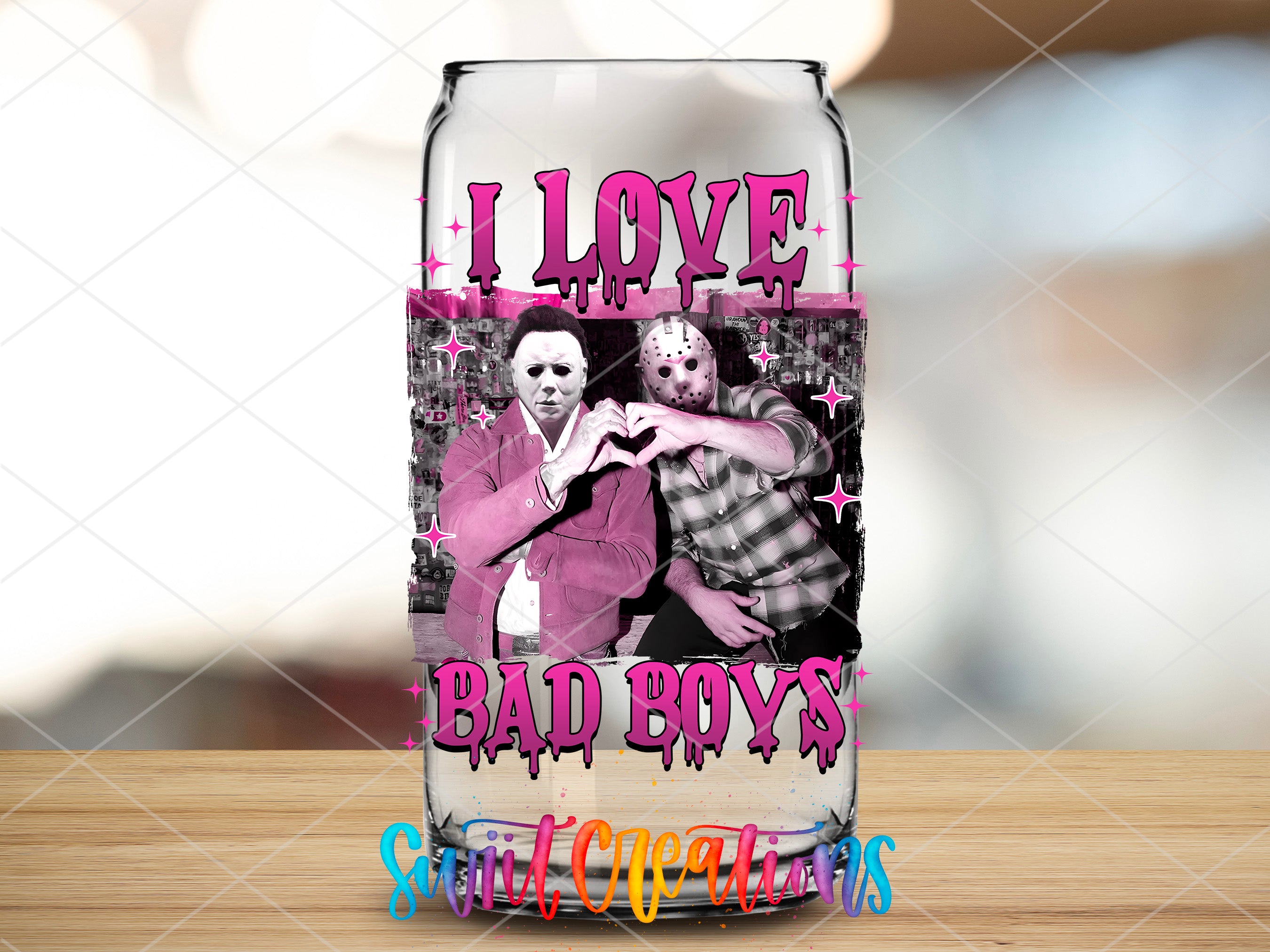 a glass with a picture of a man and a woman on it