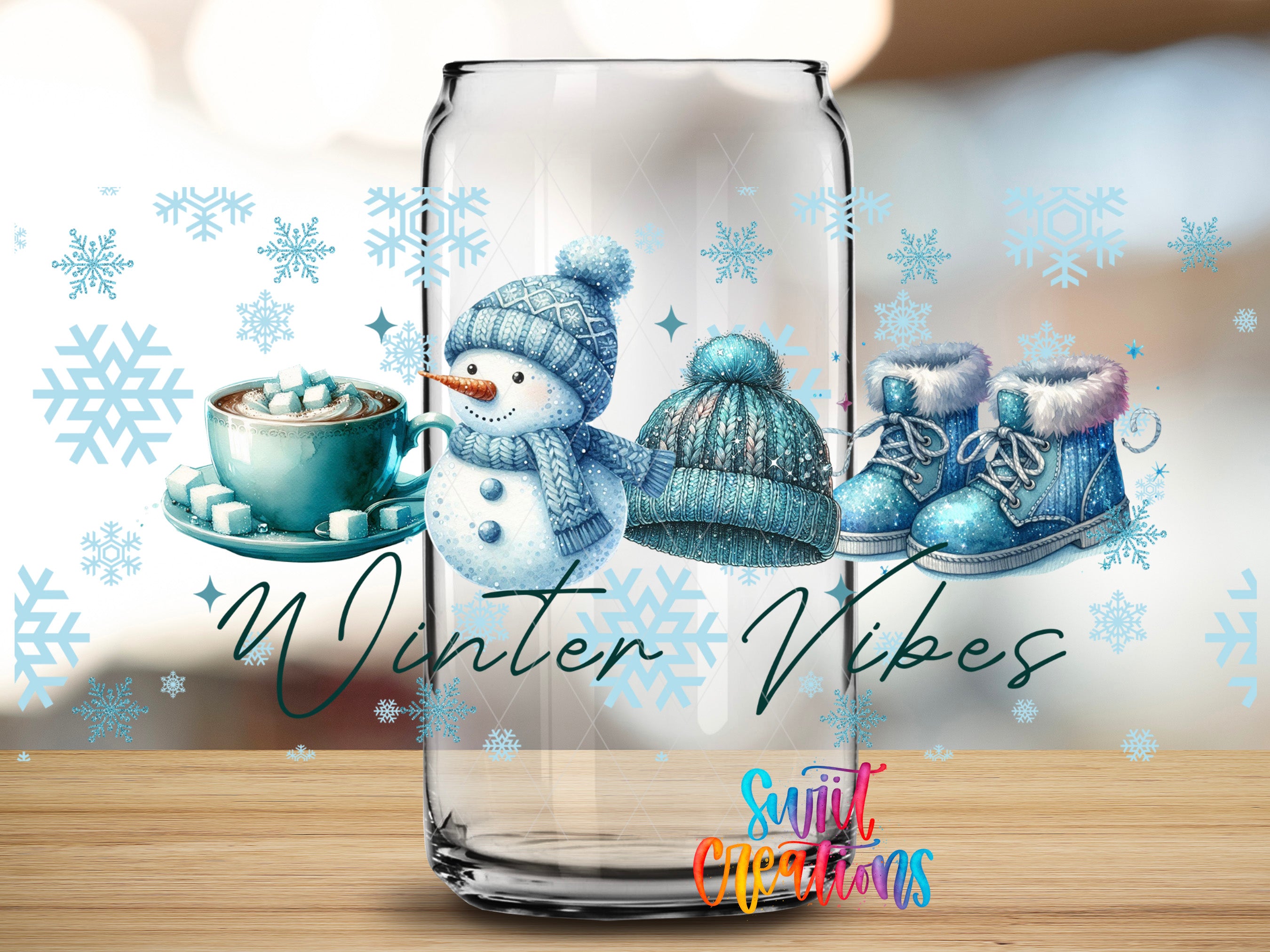 A glass jar with a snowman and winter accessories, along with the text "Winter Vibes" and "Sunlit Occasions" written on it.