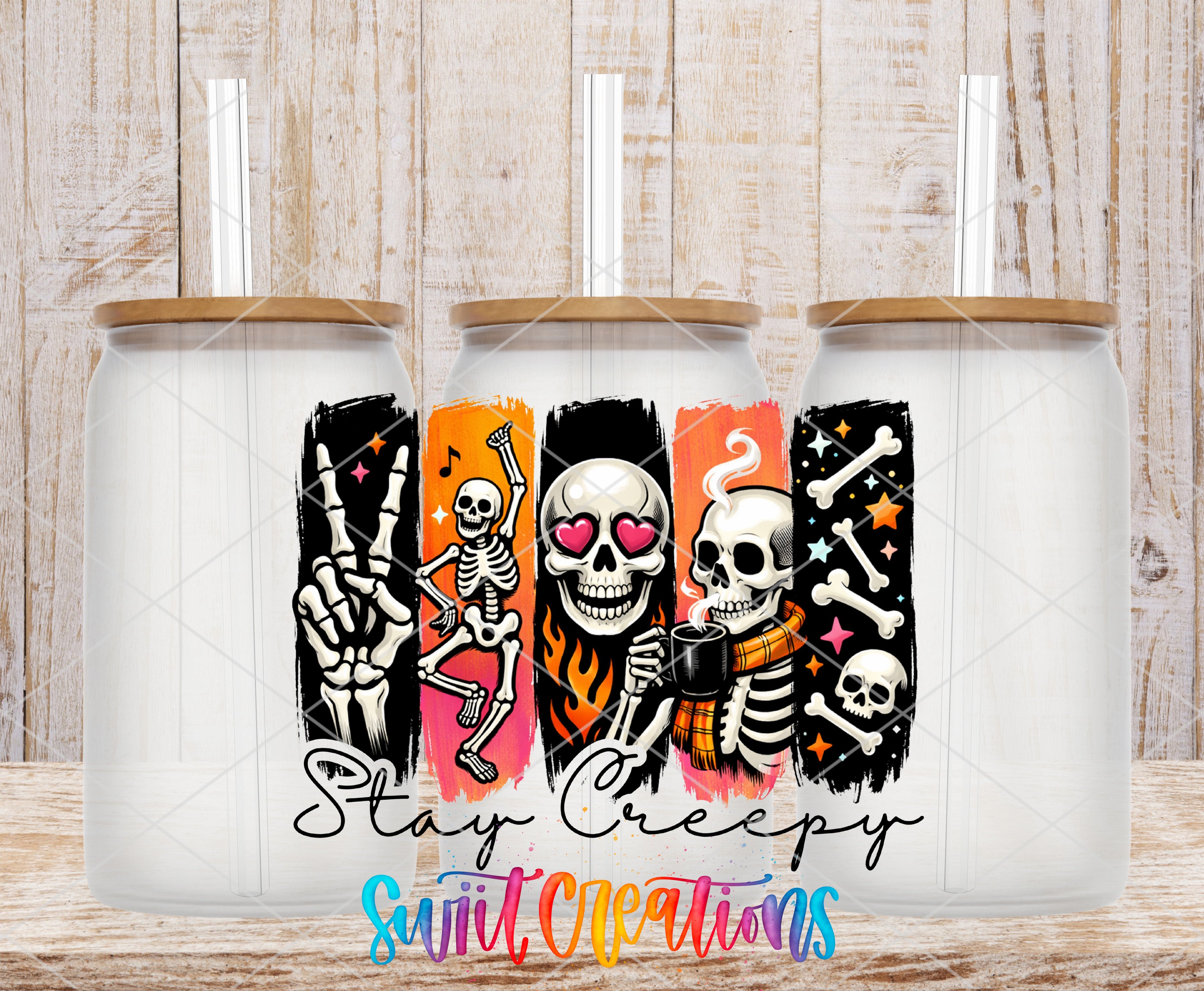 Three glass tumbler mockups featuring the Swiit Creations Stay Creepy UV DTF transfer with colorful Halloween skeletons and skulls.
