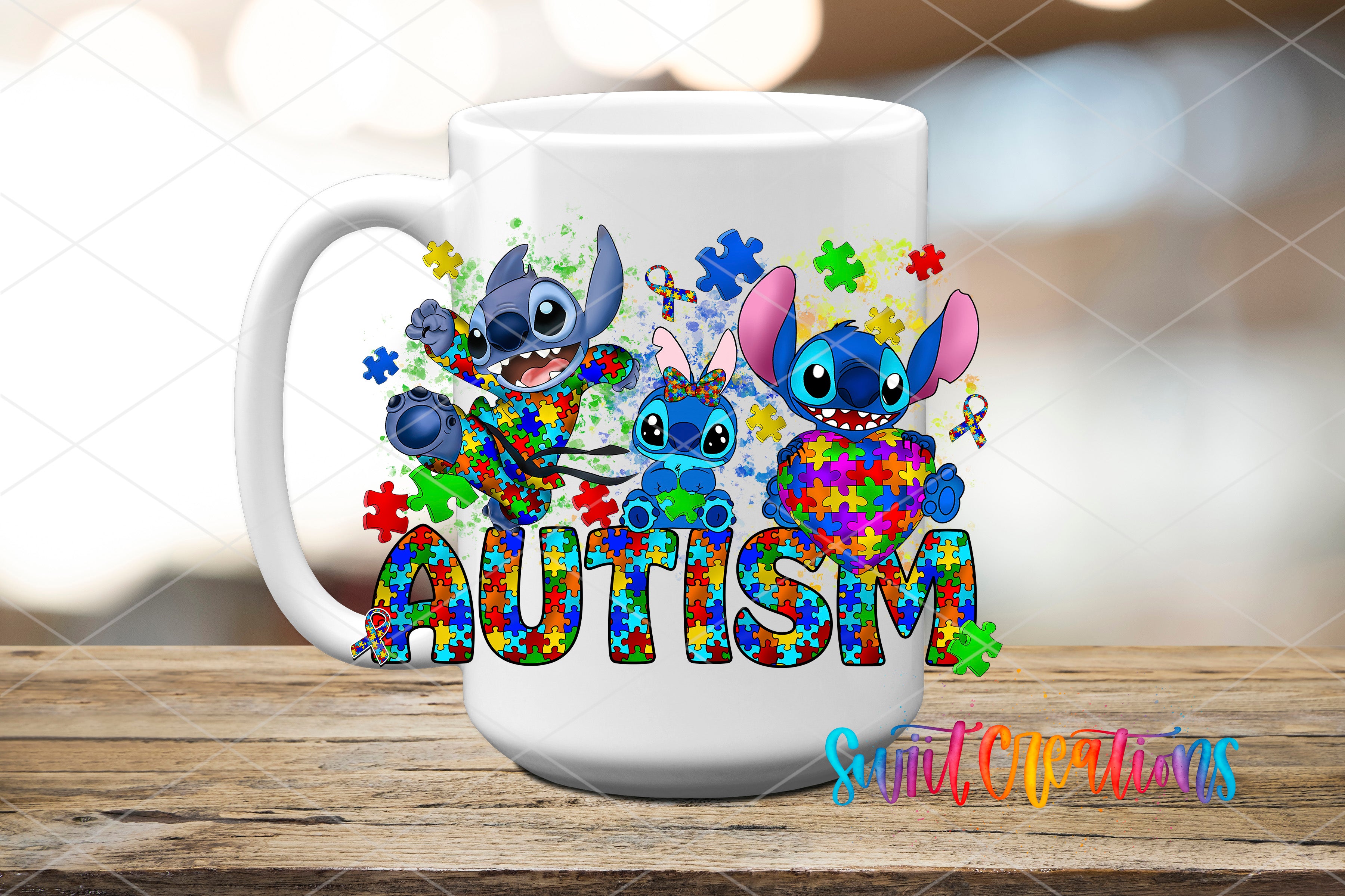 A white mug with a colorful design featuring characters from the Lilo & Stitch movie franchise, along with the word "Autism" written on it.