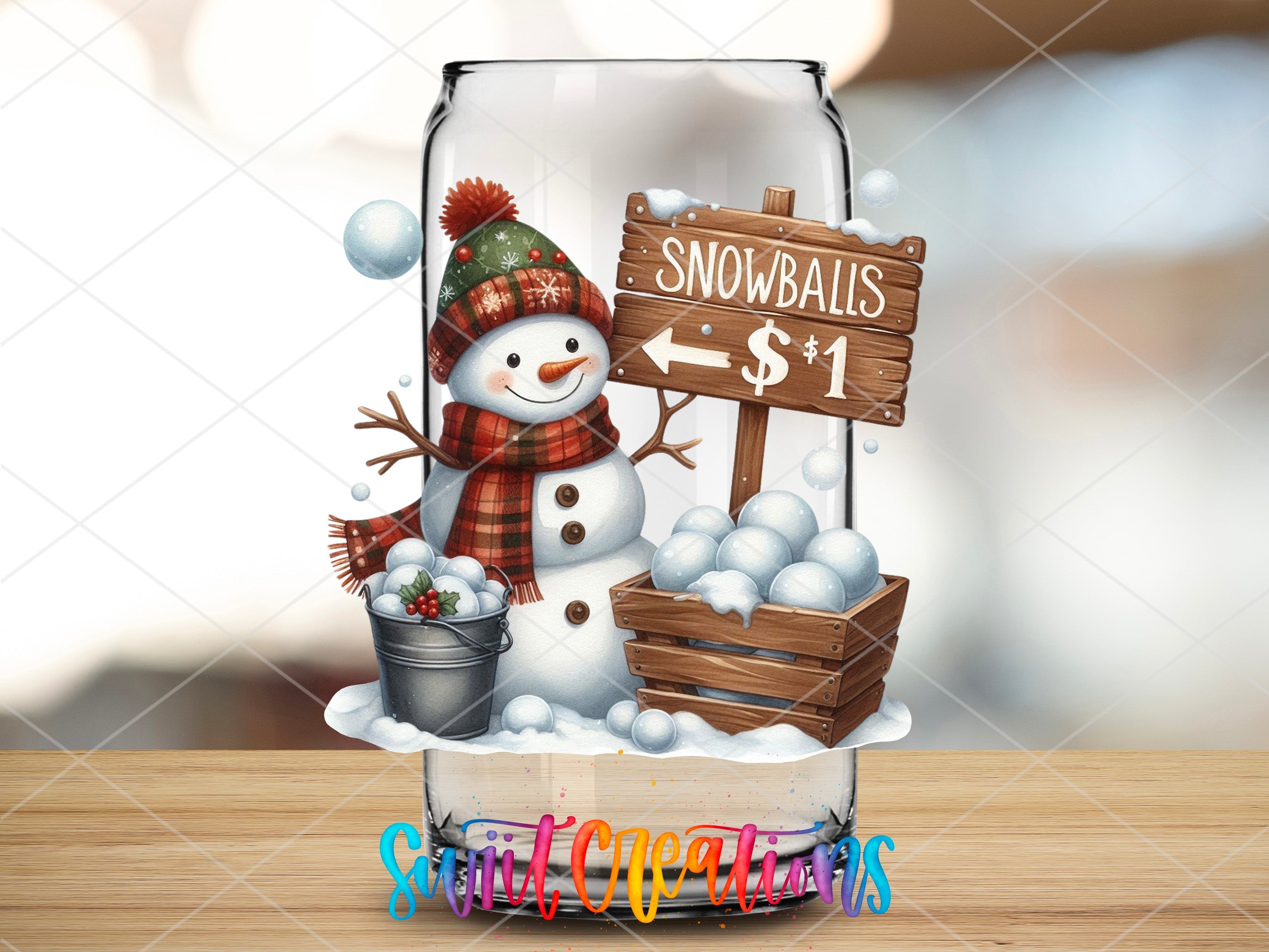 a snowman in a bucket with a sign in the background