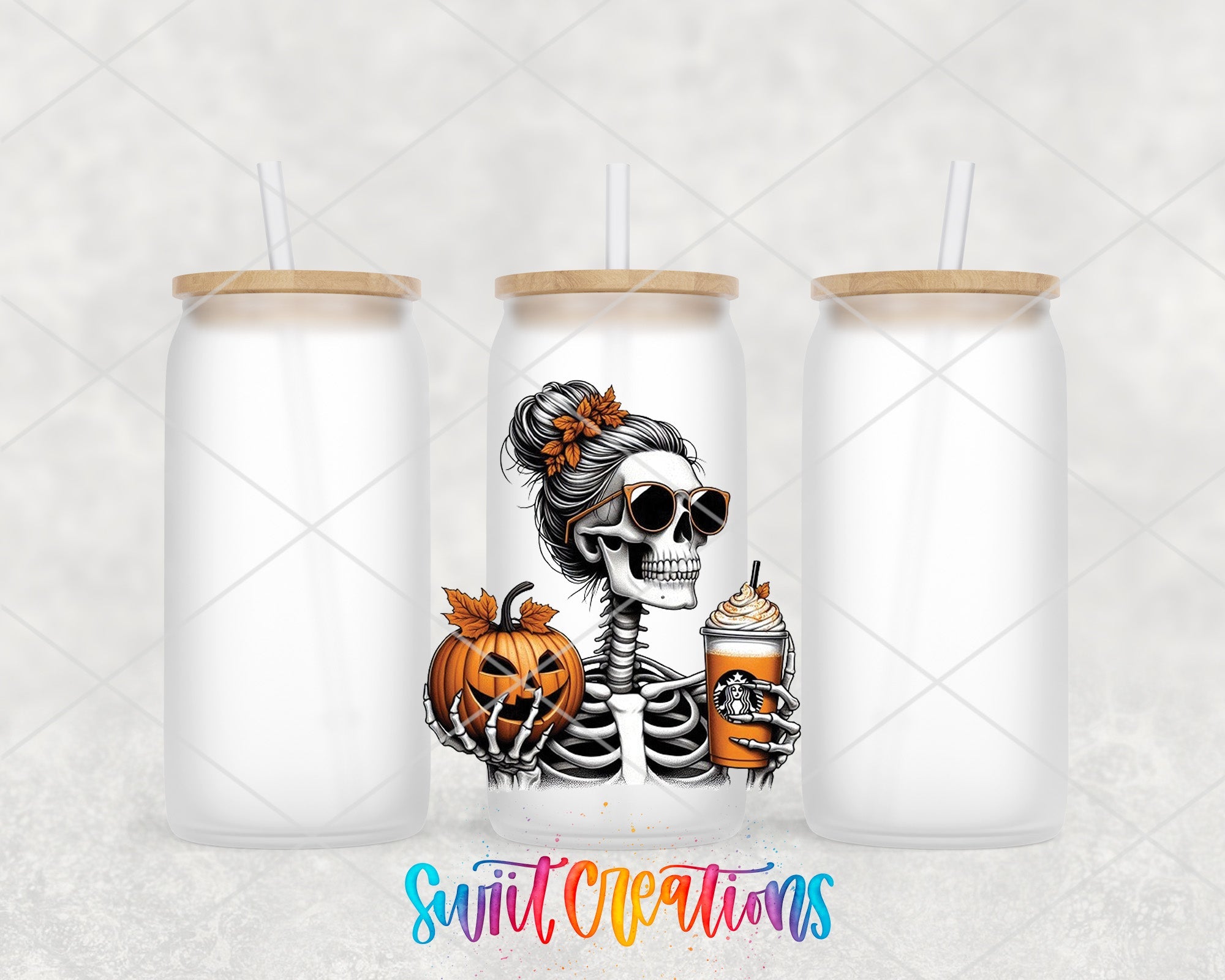 a couple of white jars with a skeleton on them