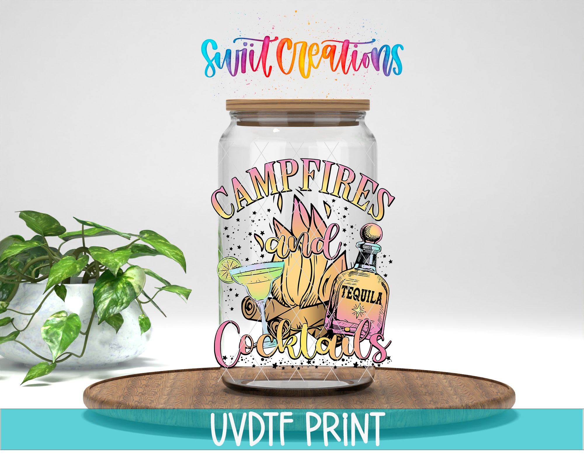 a large glass jar with a label that says "Campfires Cocktails" and a bottle of tequila next to it. The jar is placed on a wooden tray, and there is a potted plant in the background.