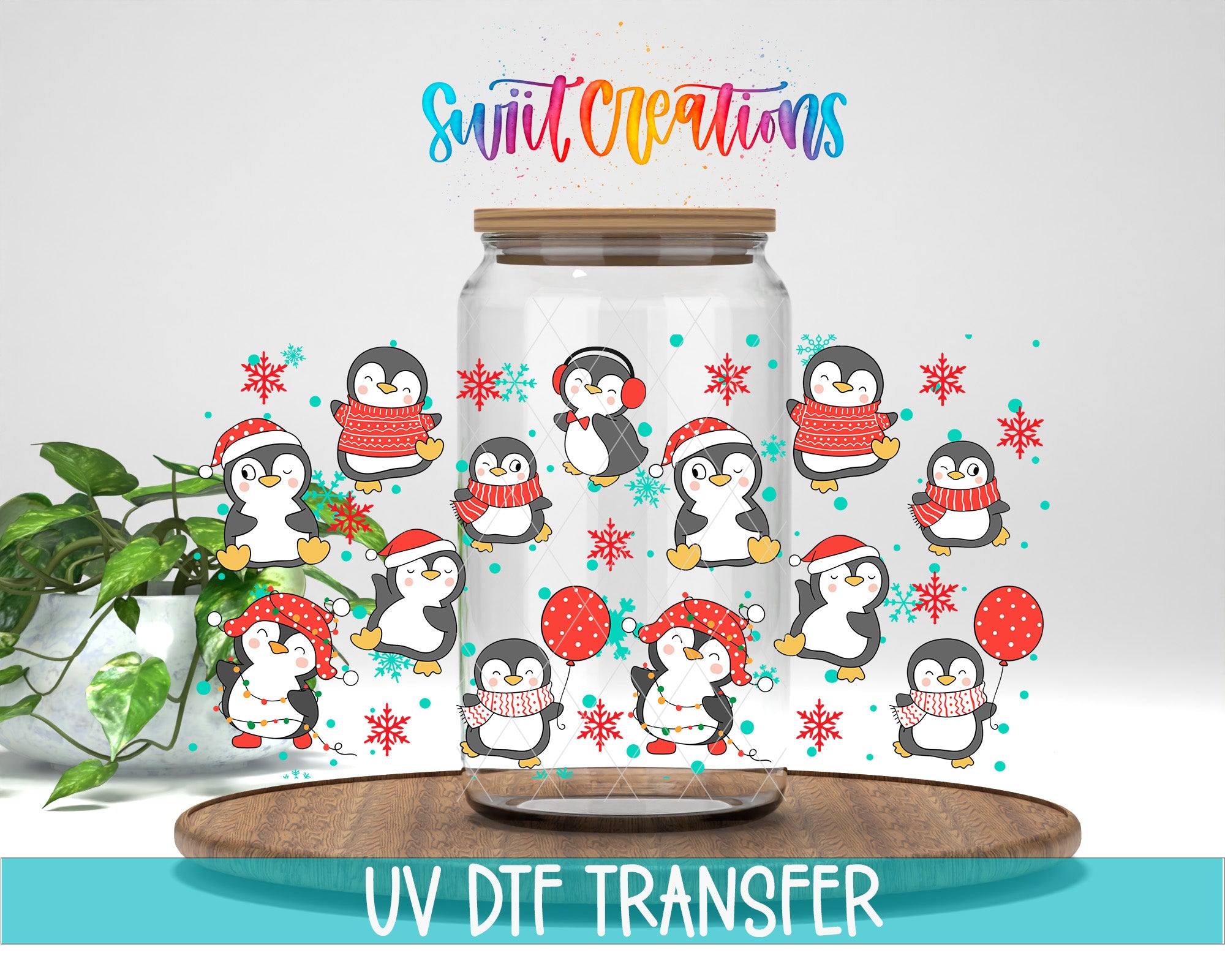 A glass jar filled with illustrations of penguins wearing winter hats and accessories, surrounded by snowflakes and a plant. The jar is labeled "Swift Creations" and "UV DFT Transfer".
