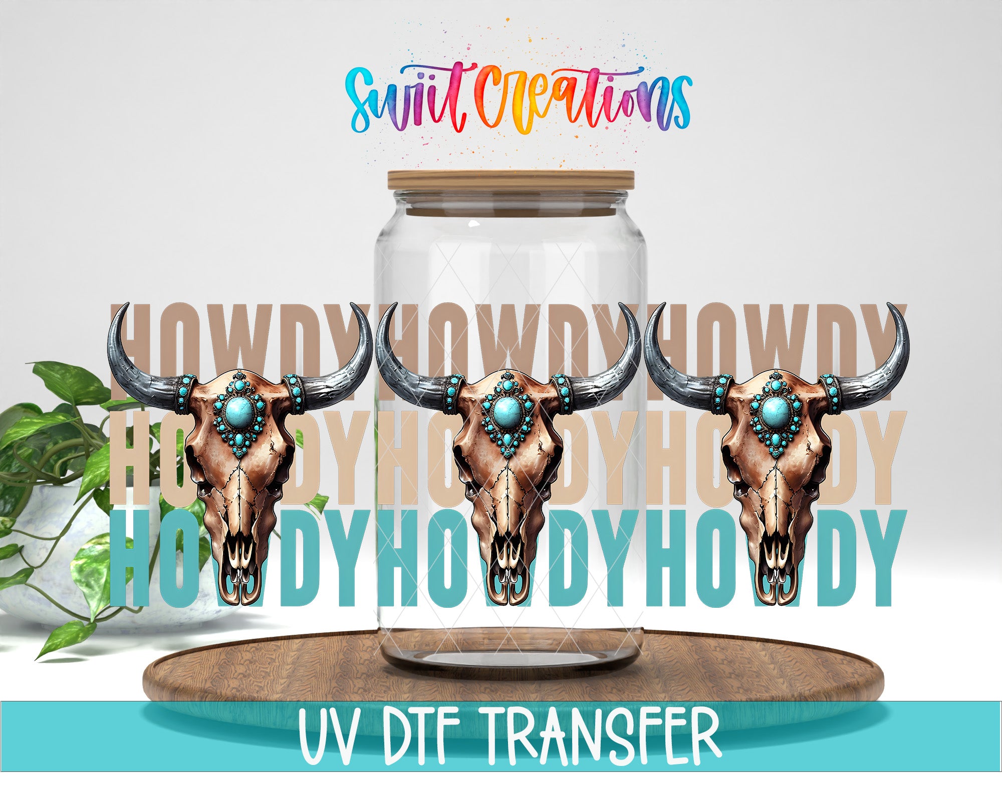 a clear glass jar with three decorated cow skull images on it, along with the text "Howdy hoppy hoppy hoppy" and "UV Dtf Transfer" displayed prominently.