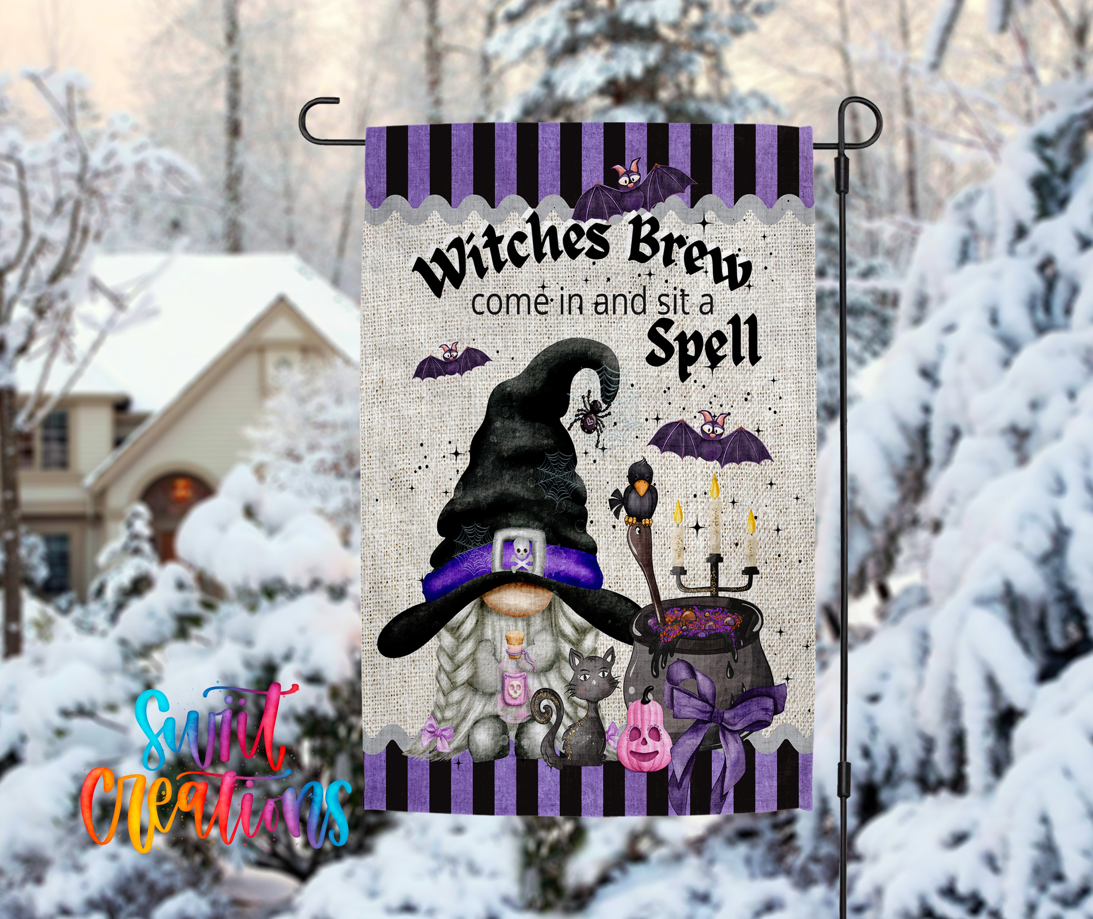 A Halloween-themed garden flag featuring a gnome character with a witch hat and a pot of bubbling contents, surrounded by bats and other Halloween-related elements.